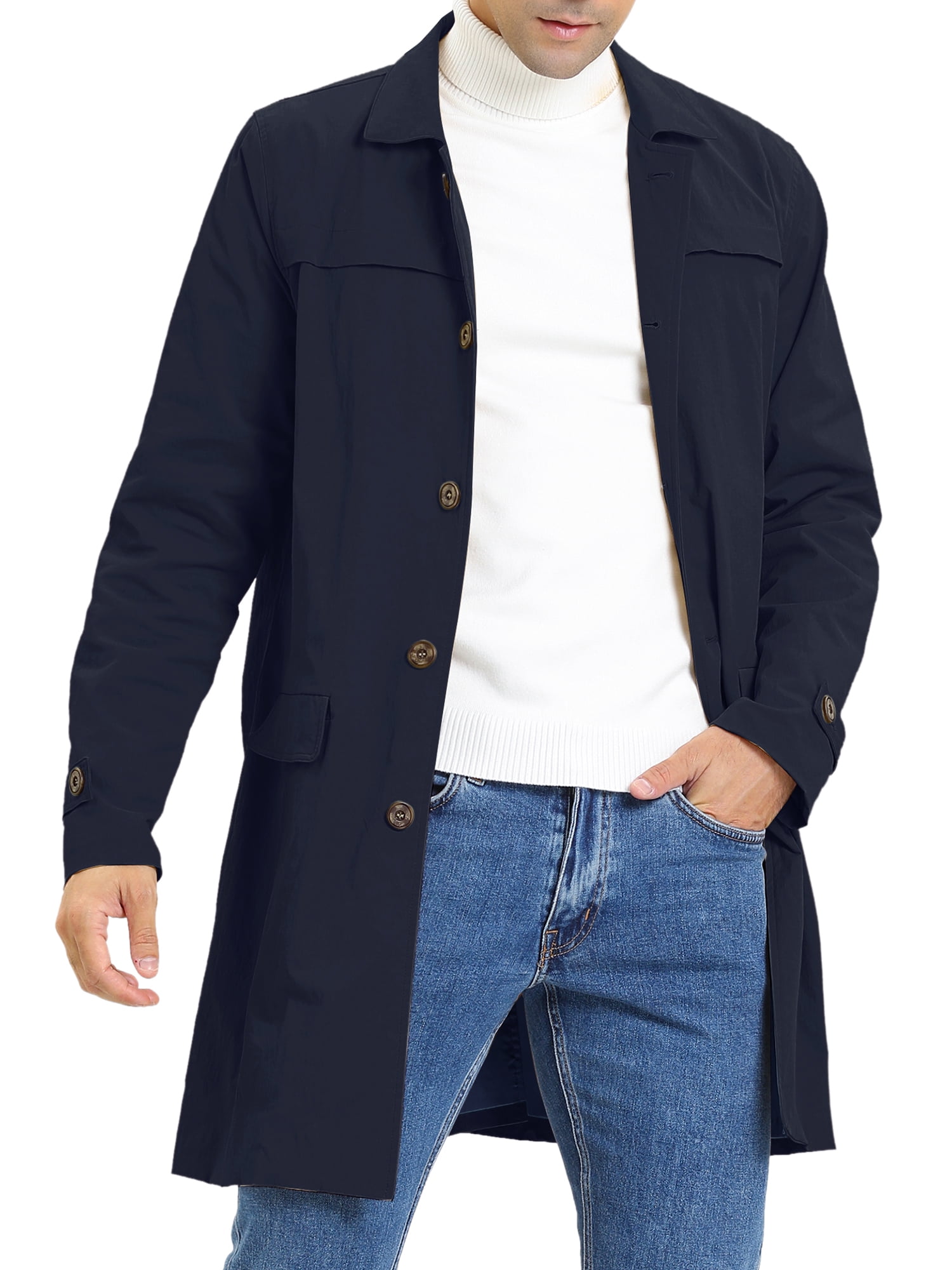 DARING DIVA Men's Trench Coat Lightweight Single Breasted Jacket Overcoat S Navy Blue