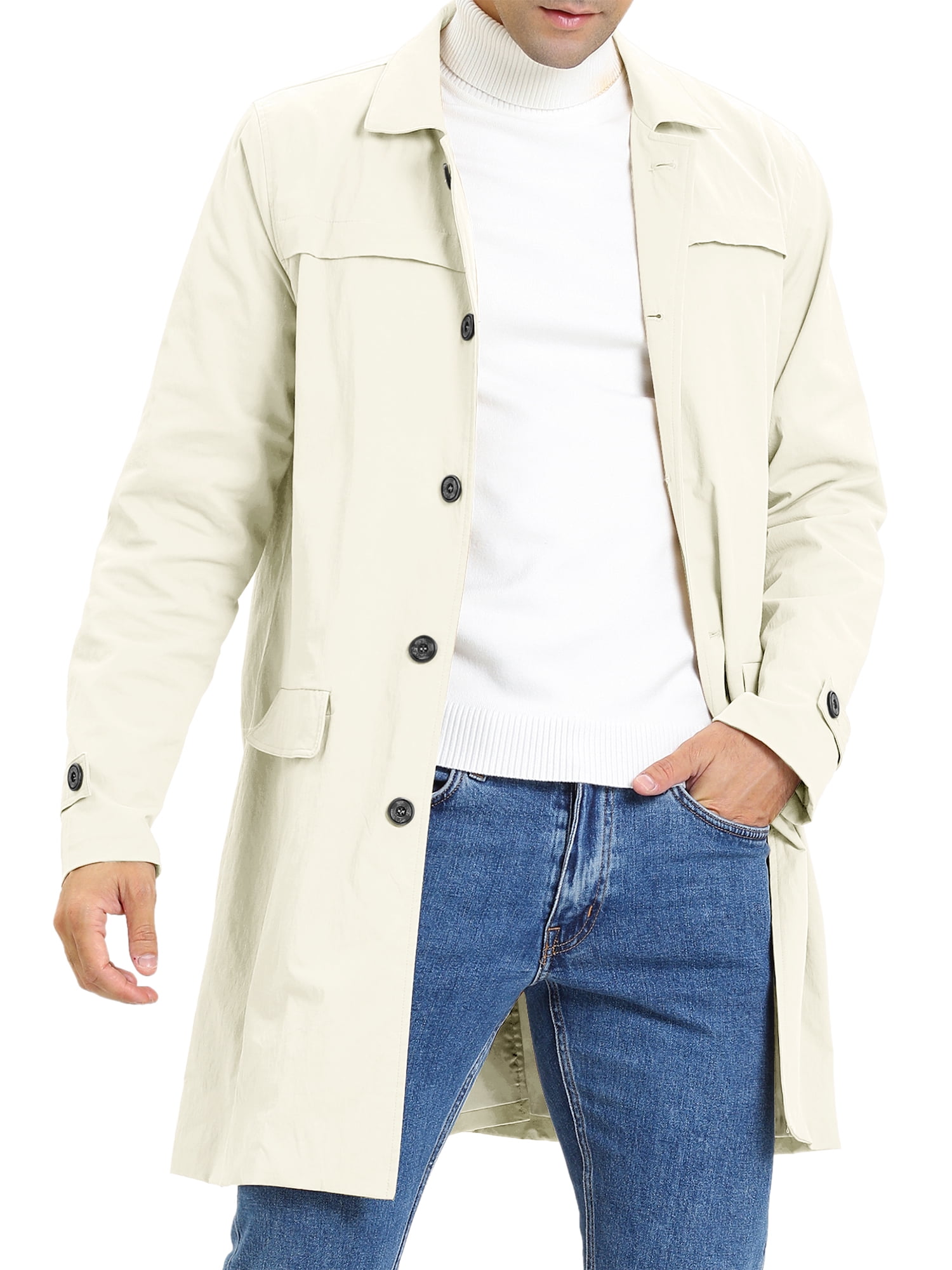 DARING DIVA Men's Trench Coat Lightweight Single Breasted Jacket Overcoat S White