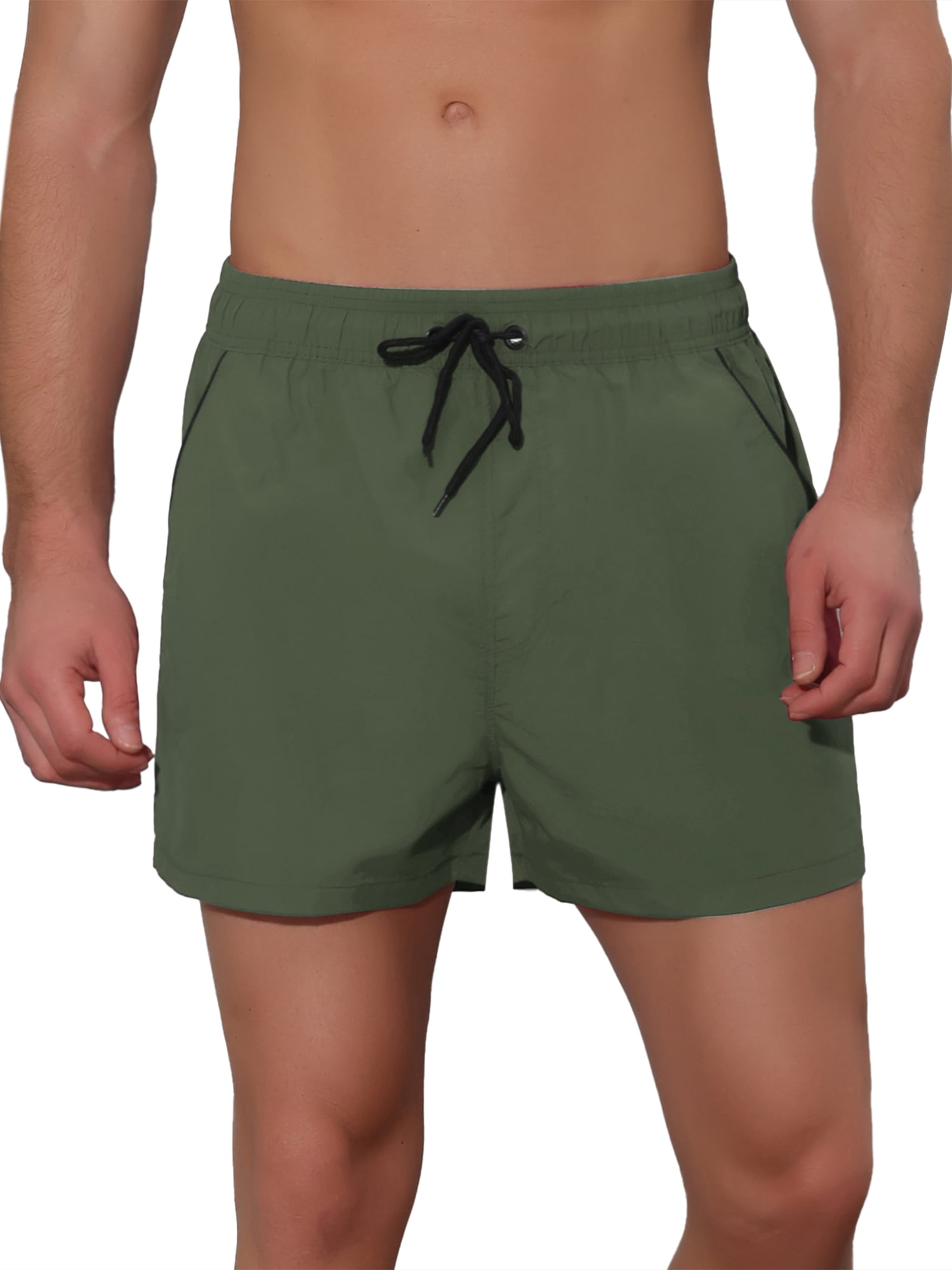 Unique Bargains Men's Vacation Solid Color Drawstring Elastic Waist Swim Short Green 34