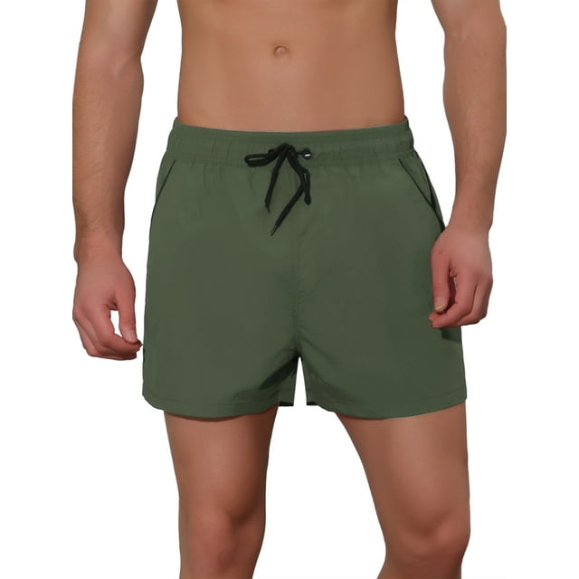 Unique Bargains Men's Vacation Solid Color Drawstring Elastic Waist Swim Short Green 36