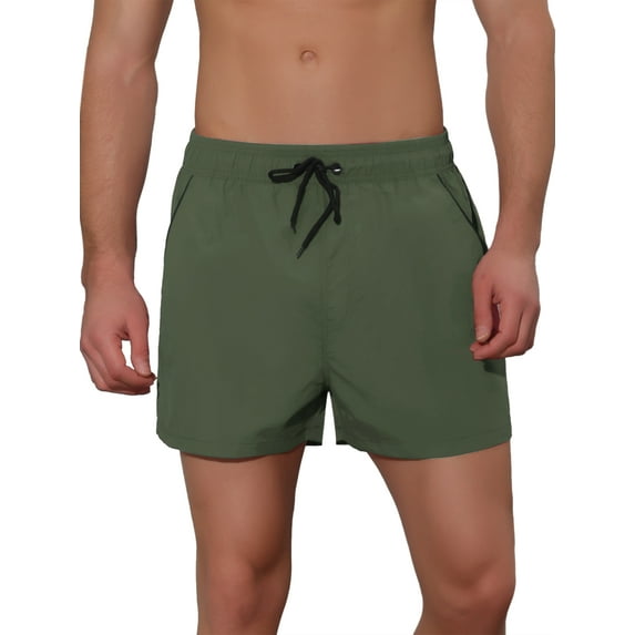 Unique Bargains Men's Vacation Solid Color Drawstring Elastic Waist Swim Short Green 36