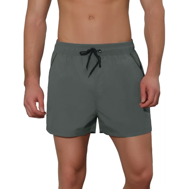 Unique Bargains Men's Vacation Solid Color Drawstring Elastic Waist Swim Short Grey 28