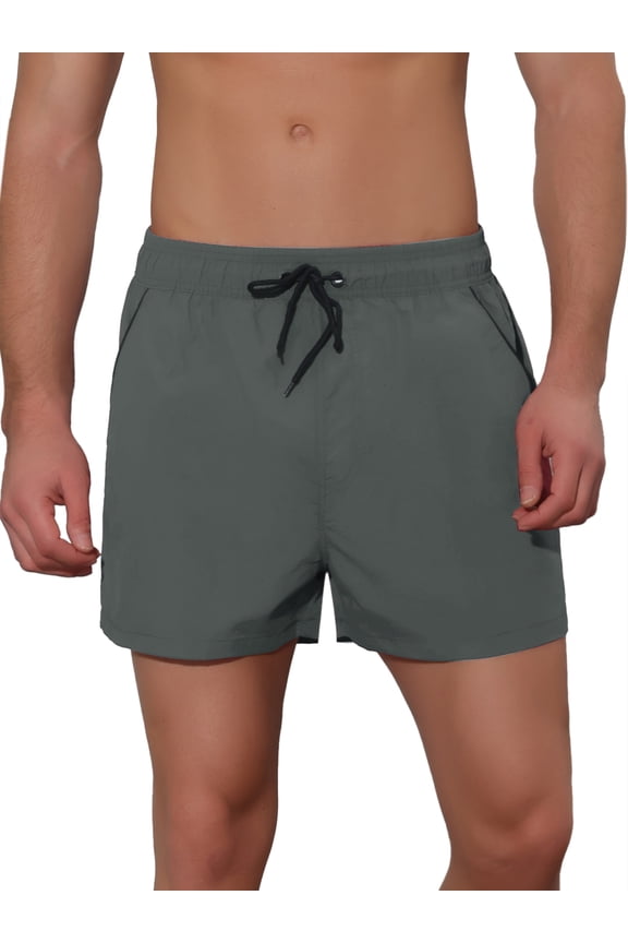 Men's Vacation Solid Color Drawstring Elastic Waist Swim Short Grey 28
