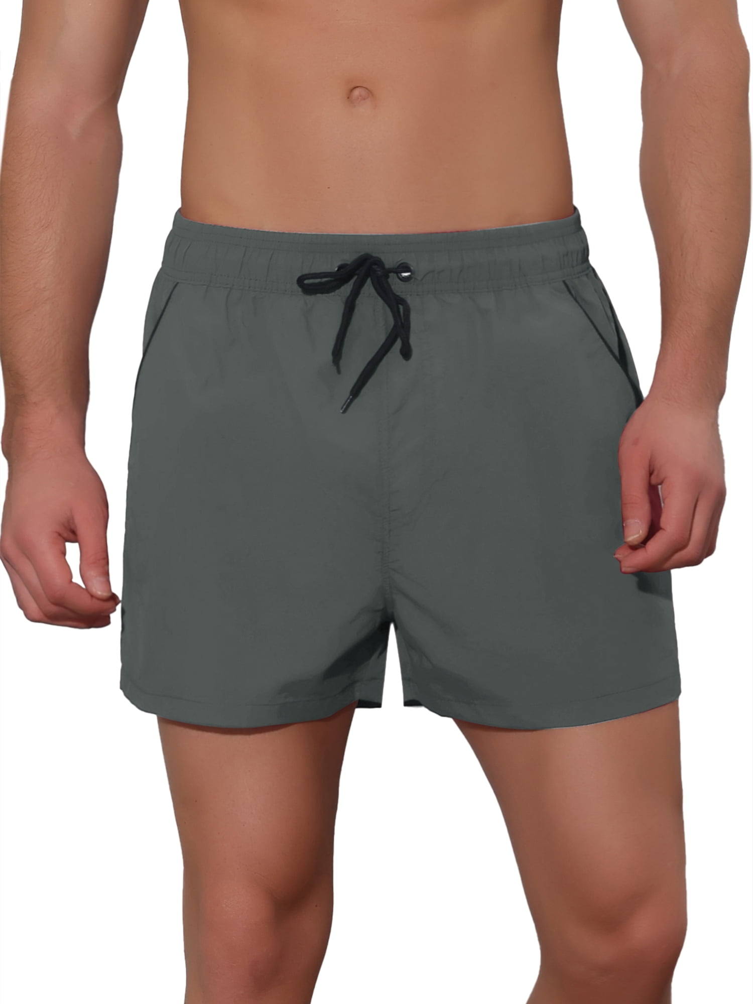 Unique Bargains Men's Vacation Solid Color Drawstring Elastic Waist Swim Short Grey 30