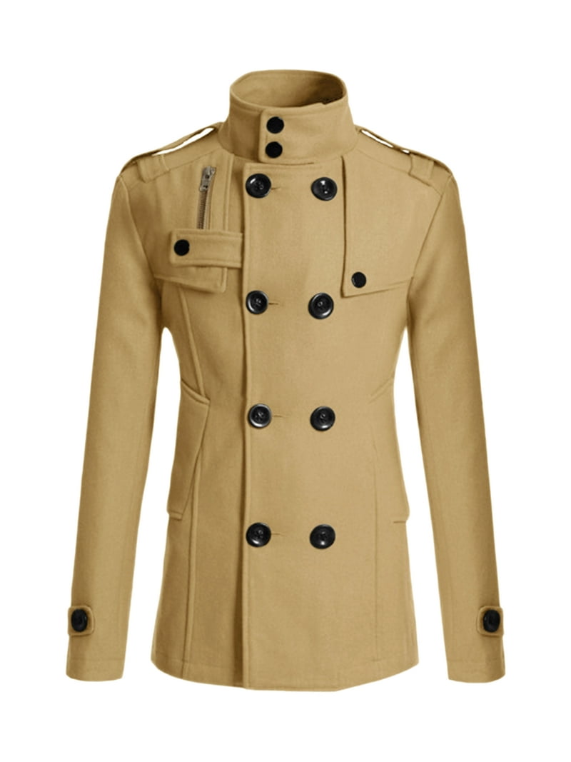 Unique Bargains Men's Winter Coat Stand Collar Double Breasted Pea