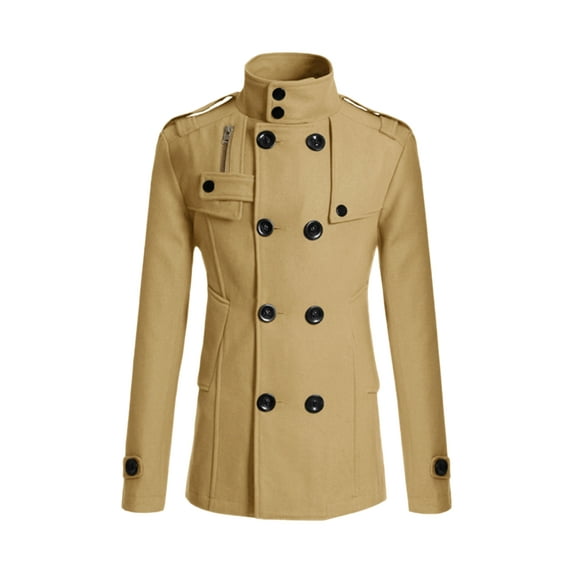 Unique Bargains Men's Winter Coat Stand Collar Double Breasted Pea Coats M Khaki