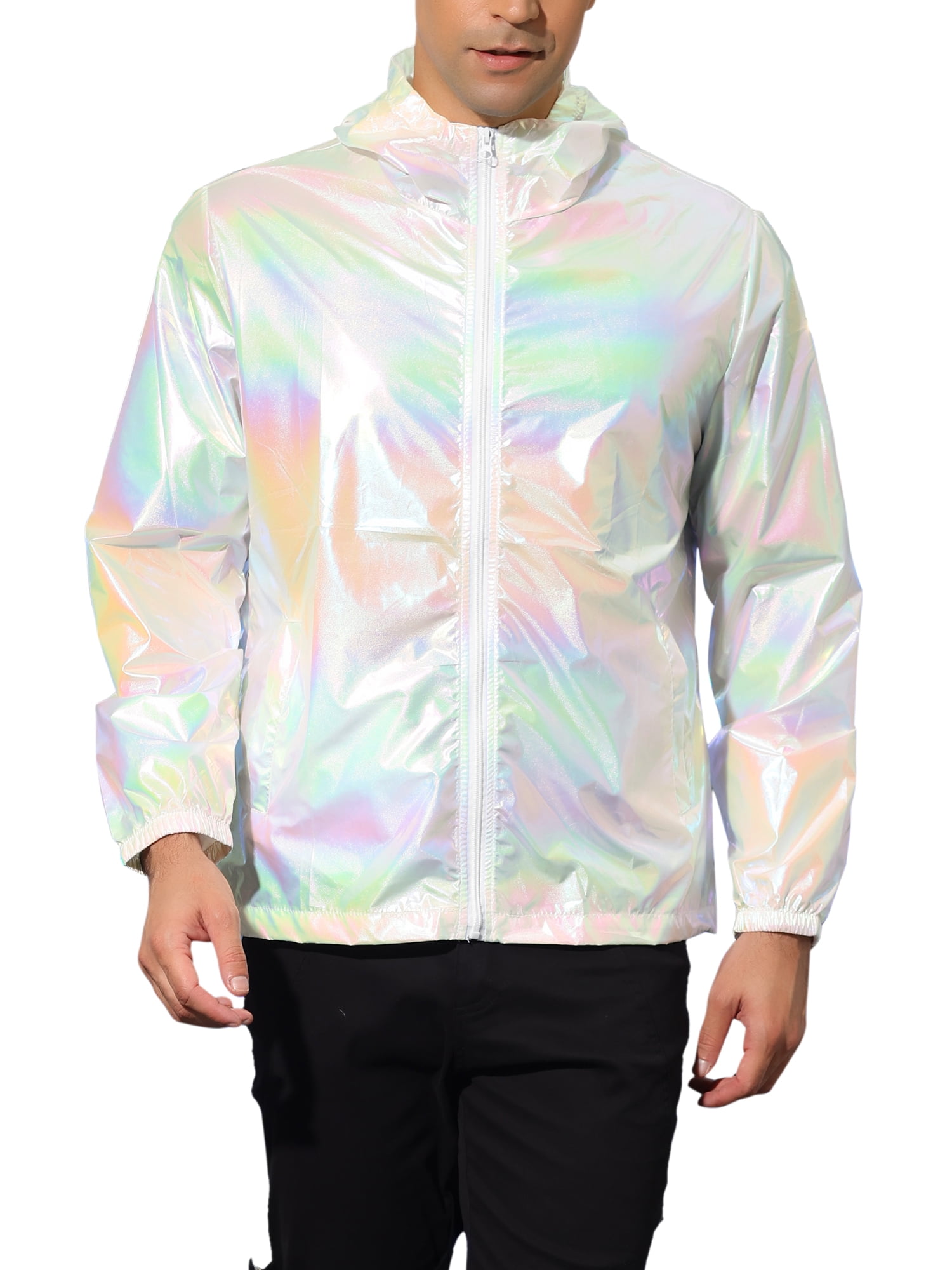 Unique Bargains Men's Zip up Hooded Metallic Lightweight Holographic Shiny Jackets L White