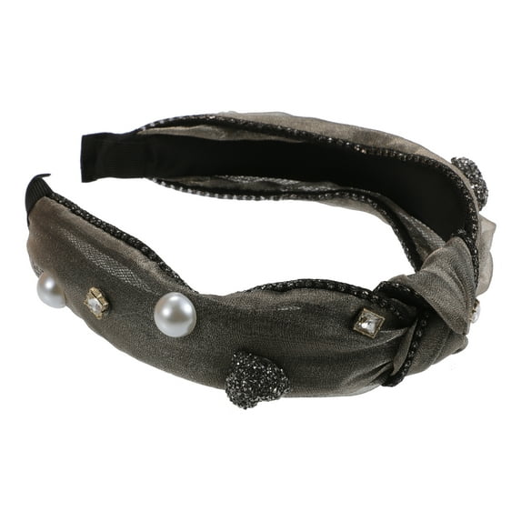 Unique Bargains Mesh Faux Pearl Rhinestone Headband Bling Padded Hairband Sparkle for Women Champagne 1.3 Inch Wide