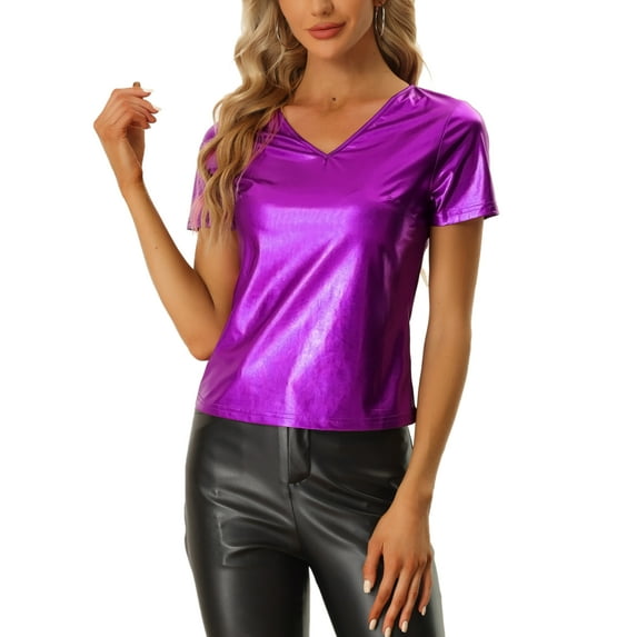 Unique Bargains Metallic Tees for Women's V Neck Party Clubwear Shiny T-Shirts M Purple