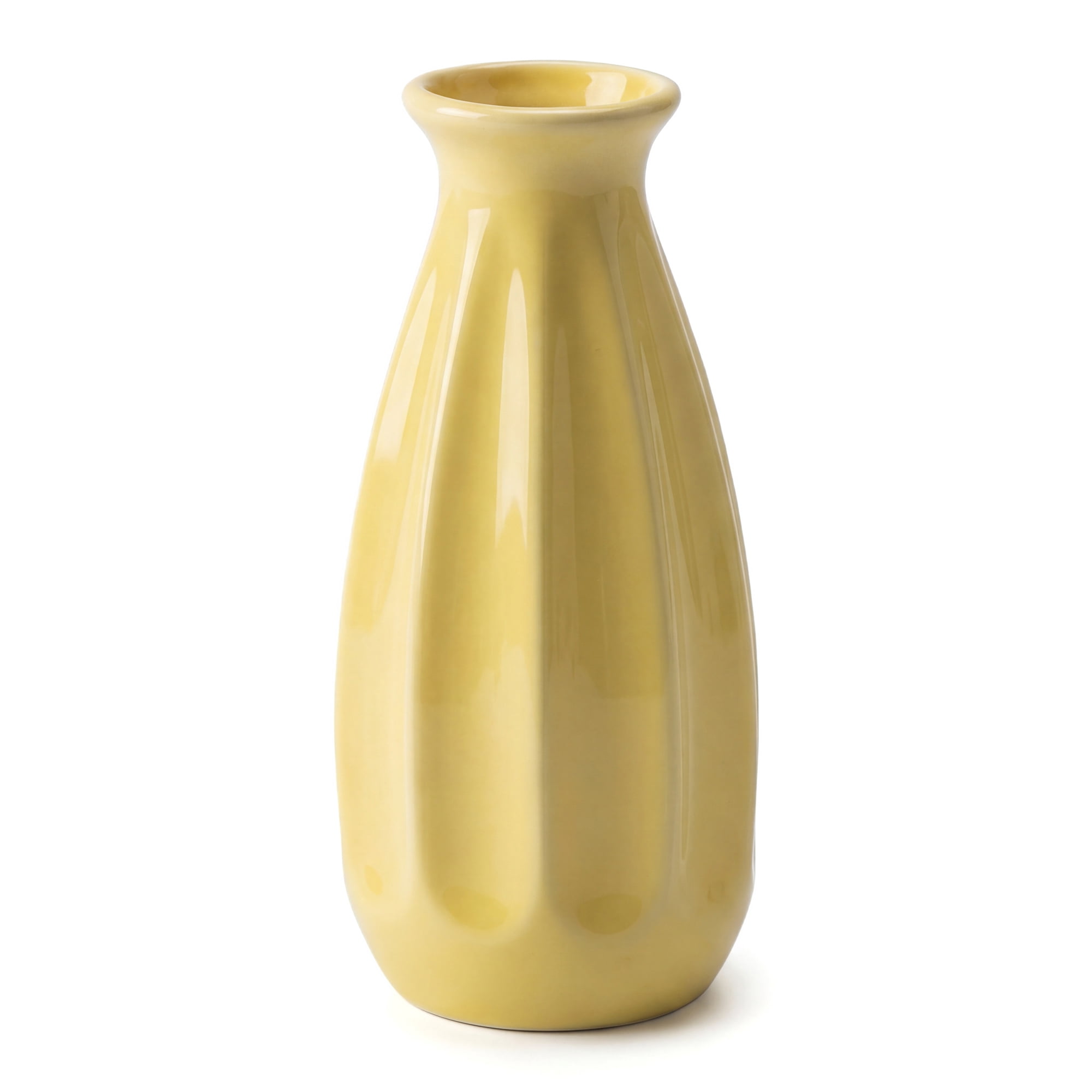 Unique Bargains Mini Ceramic Matte Ribbed Flower Vase Yellow 2.4"L x 2.4"W x 5.1"H