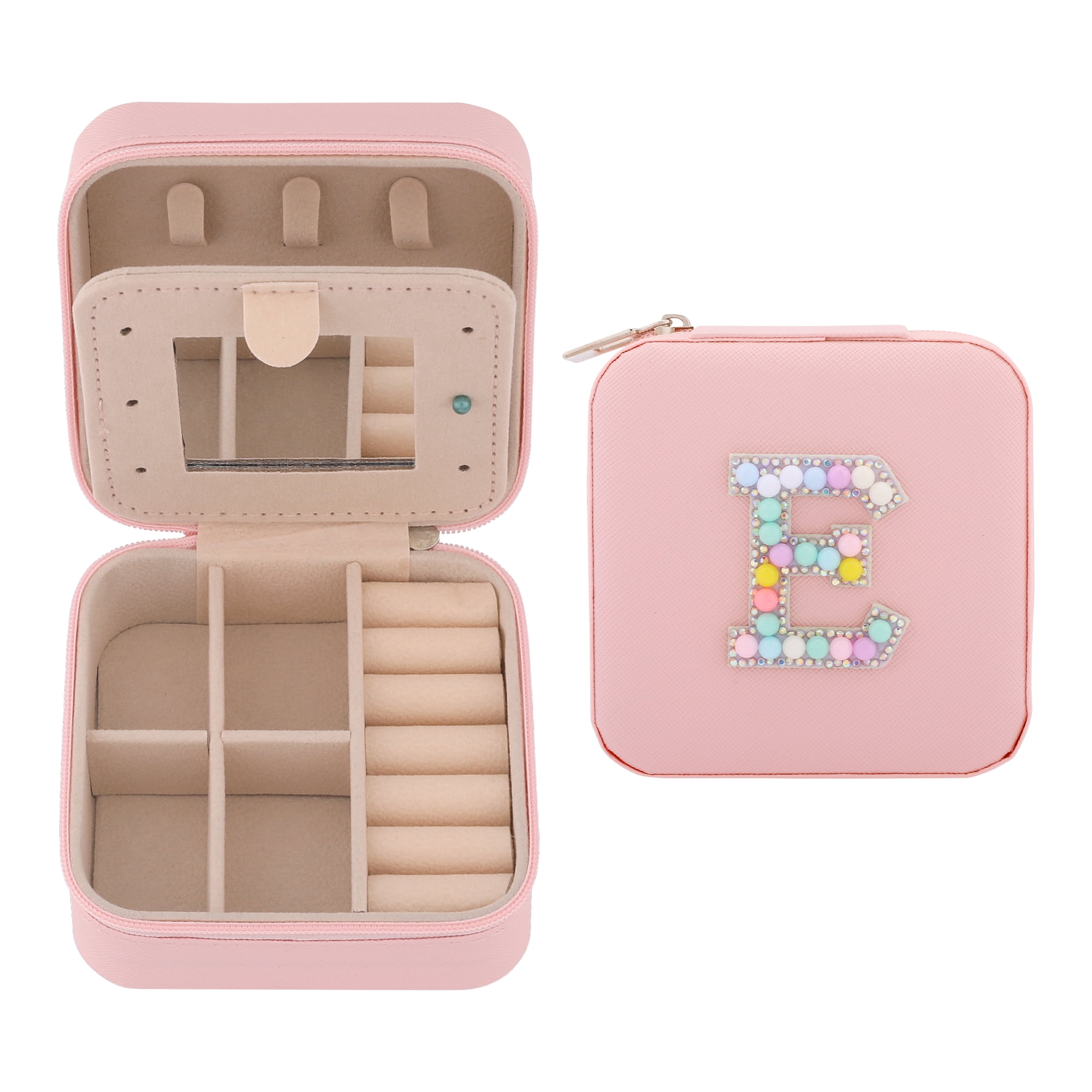 Unique Bargains Mini PU Leather Jewelry Box with Mirror Pink Letter E
