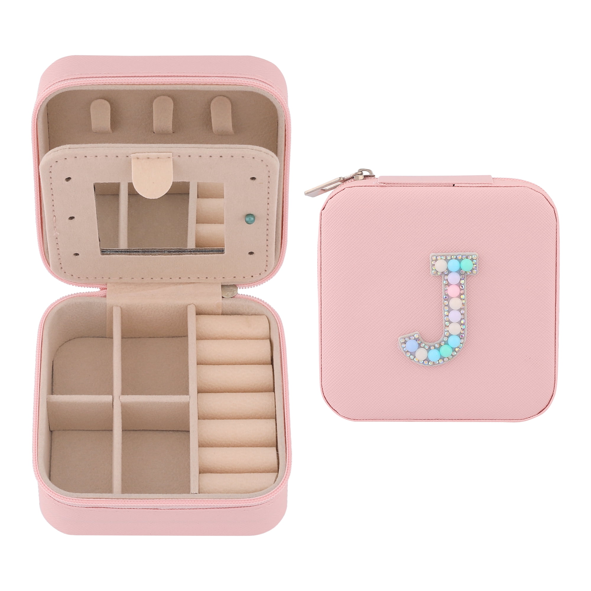 Unique Bargains Mini PU Leather Jewelry Box with Mirror Pink Letter J