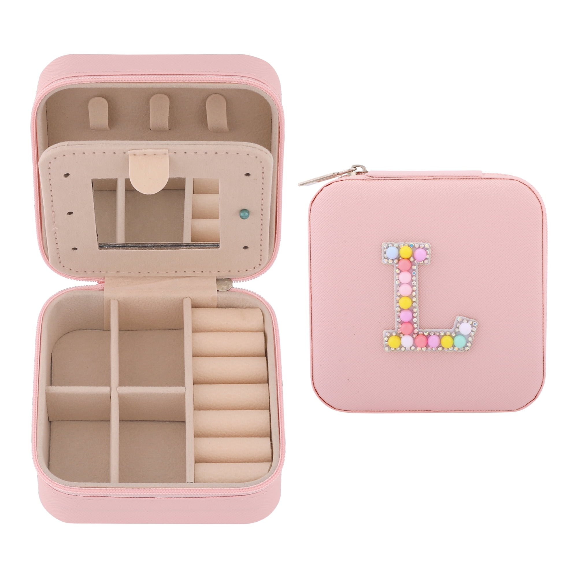 Unique Bargains Mini PU Leather Jewelry Box with Mirror Pink Letter L