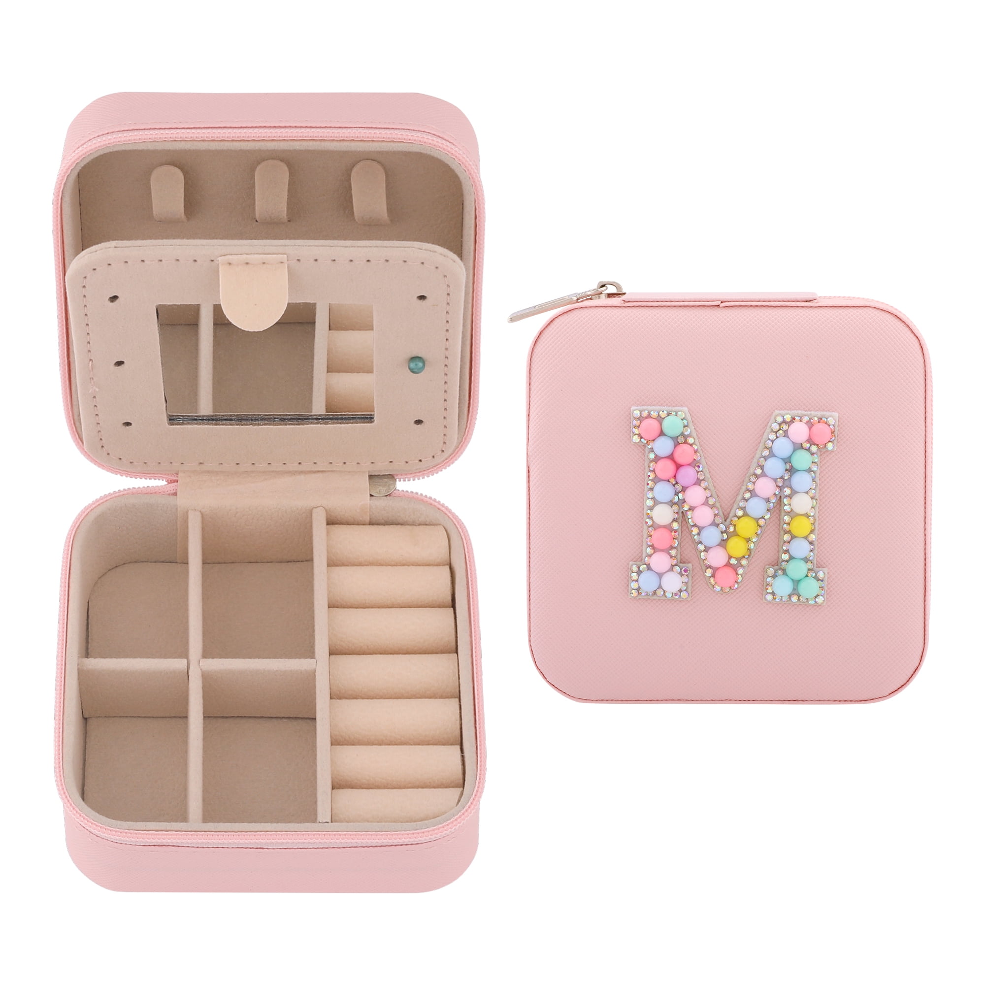Unique Bargains Mini PU Leather Jewelry Box with Mirror Pink Letter M