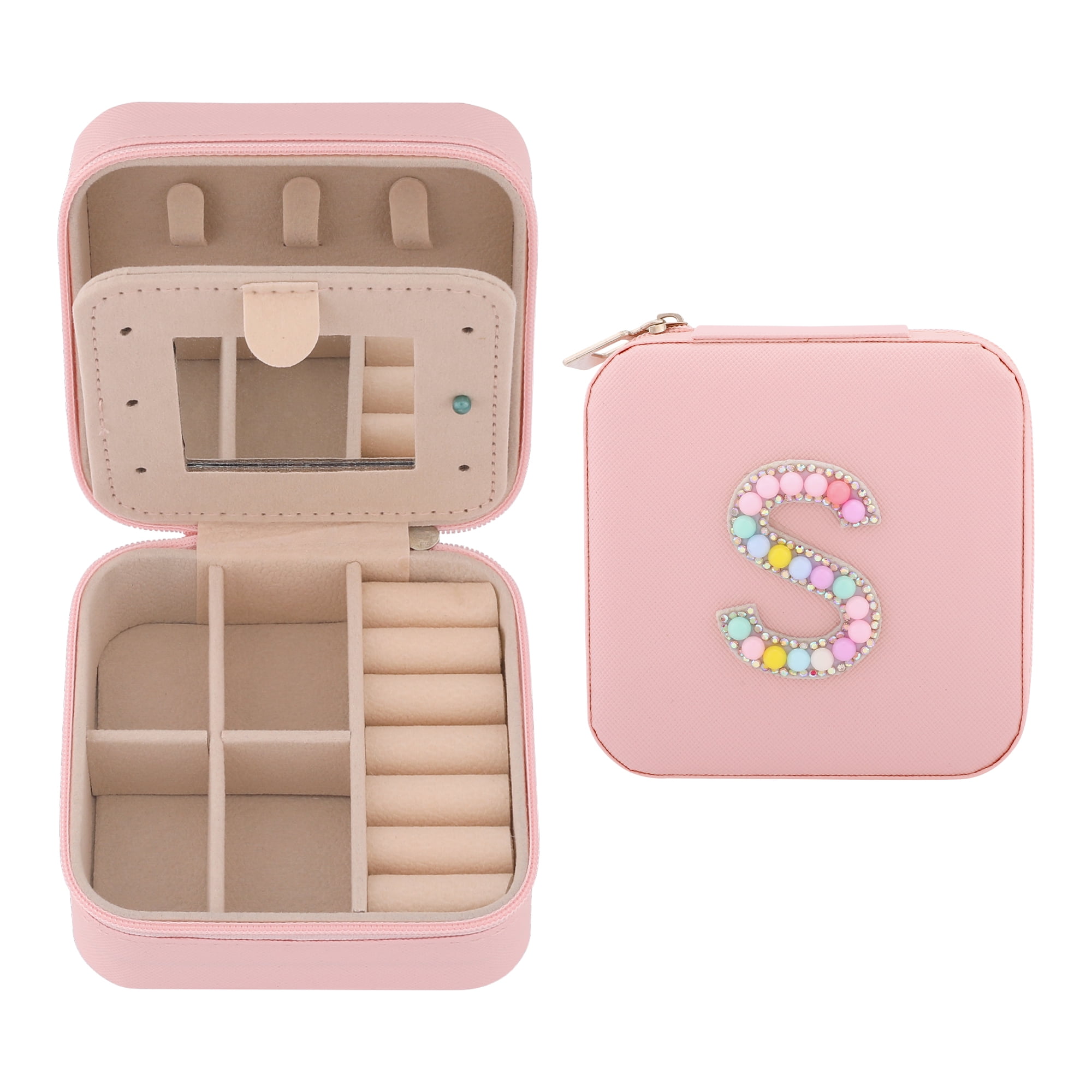 Unique Bargains Mini PU Leather Jewelry Box with Mirror Pink Letter S