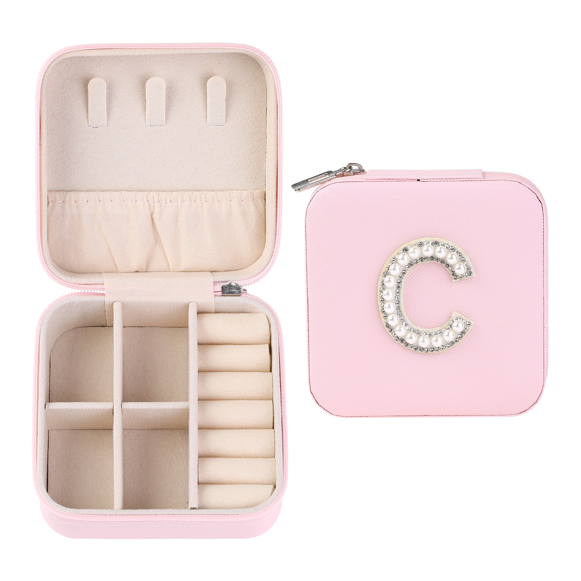 Unique Bargains Mini PU Leather Organizer Jewelry Box Storage Pink Letter C