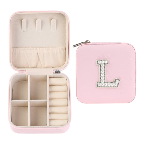 Unique Bargains Mini PU Leather Organizer Jewelry Box Storage Pink Letter L