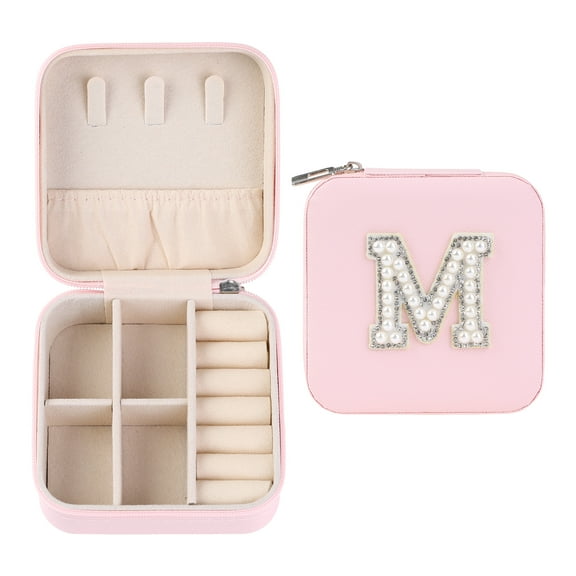 Unique Bargains Mini PU Leather Organizer Jewelry Box Storage Pink Letter M