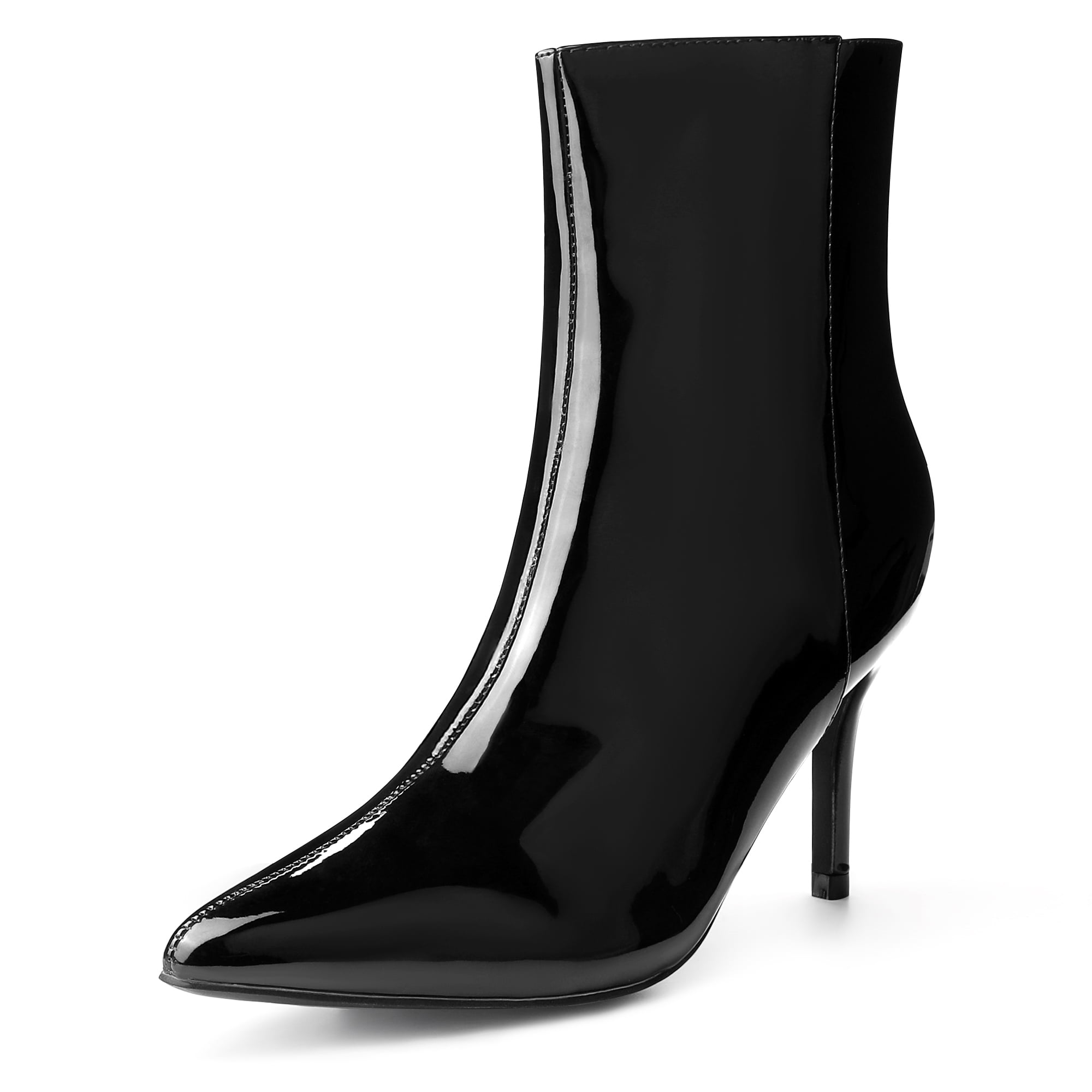 Unique Bargains Mirror Leather Pointy Toe Zipper Stiletto Heels Ankle Boots for Women Black 8
