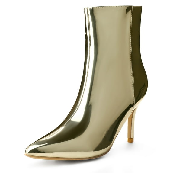 Unique Bargains Mirror Leather Pointy Toe Zipper Stiletto Heels Ankle Boots for Women Gold 8