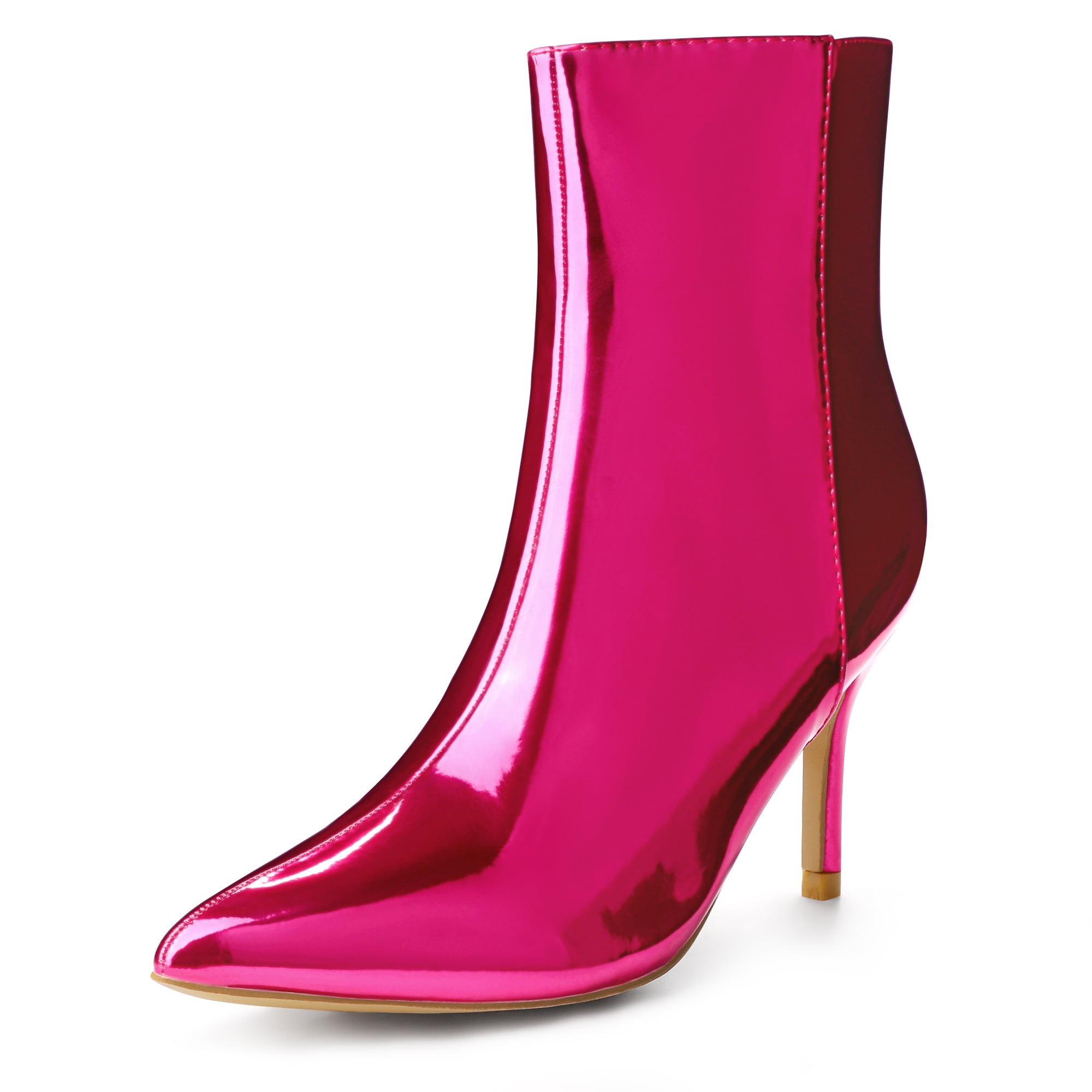 Unique Bargains Mirror Leather Pointy Toe Zipper Stiletto Heels Ankle Boots for Women Hot Pink 7