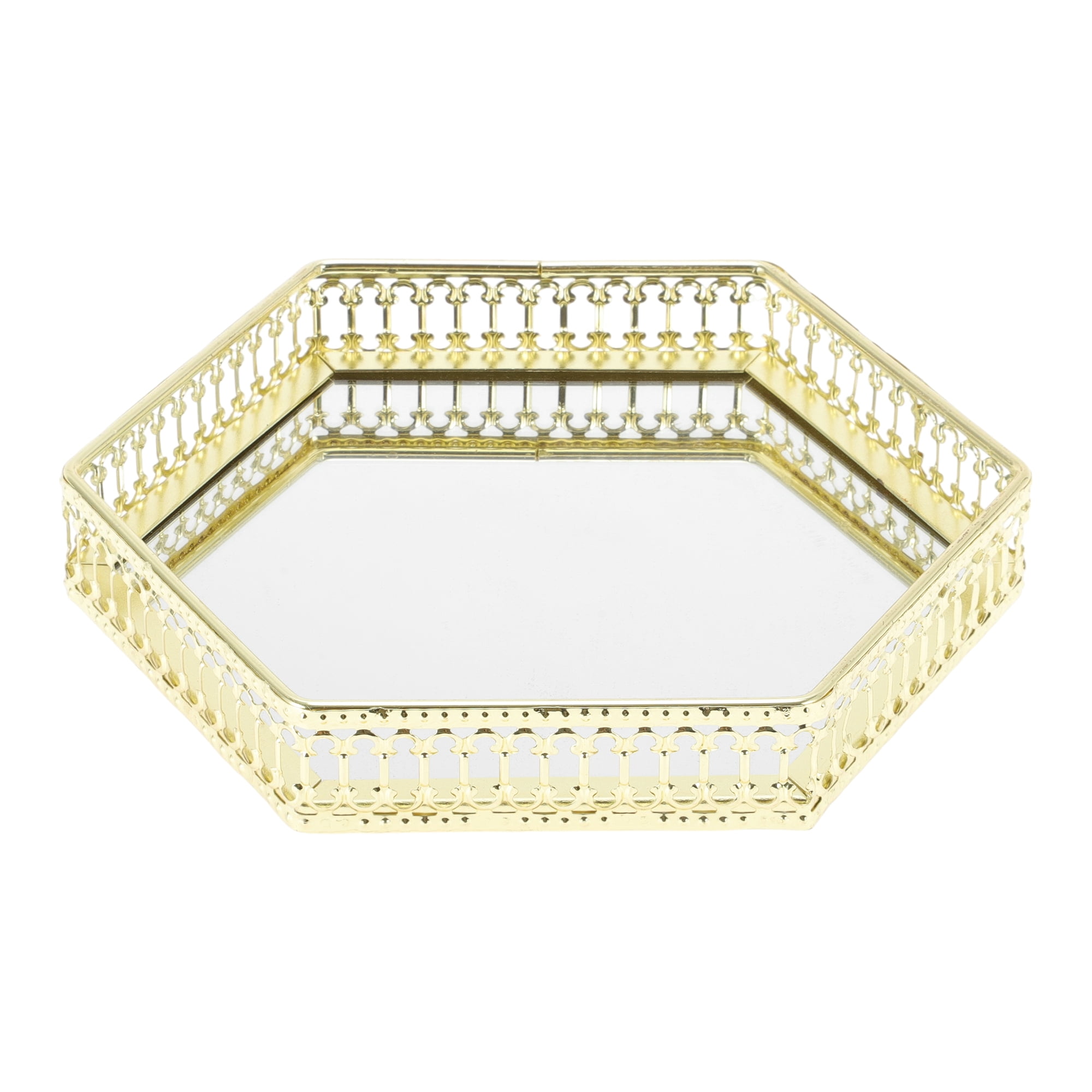 Unique Bargains Mirror Tray Hexagon Metal Perfume Tray Glass Candle Serving Tray