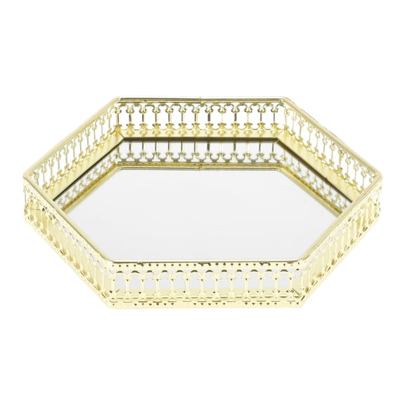 Unique Bargains Mirror Tray Hexagon Metal Perfume Tray Glass Candle Serving Tray