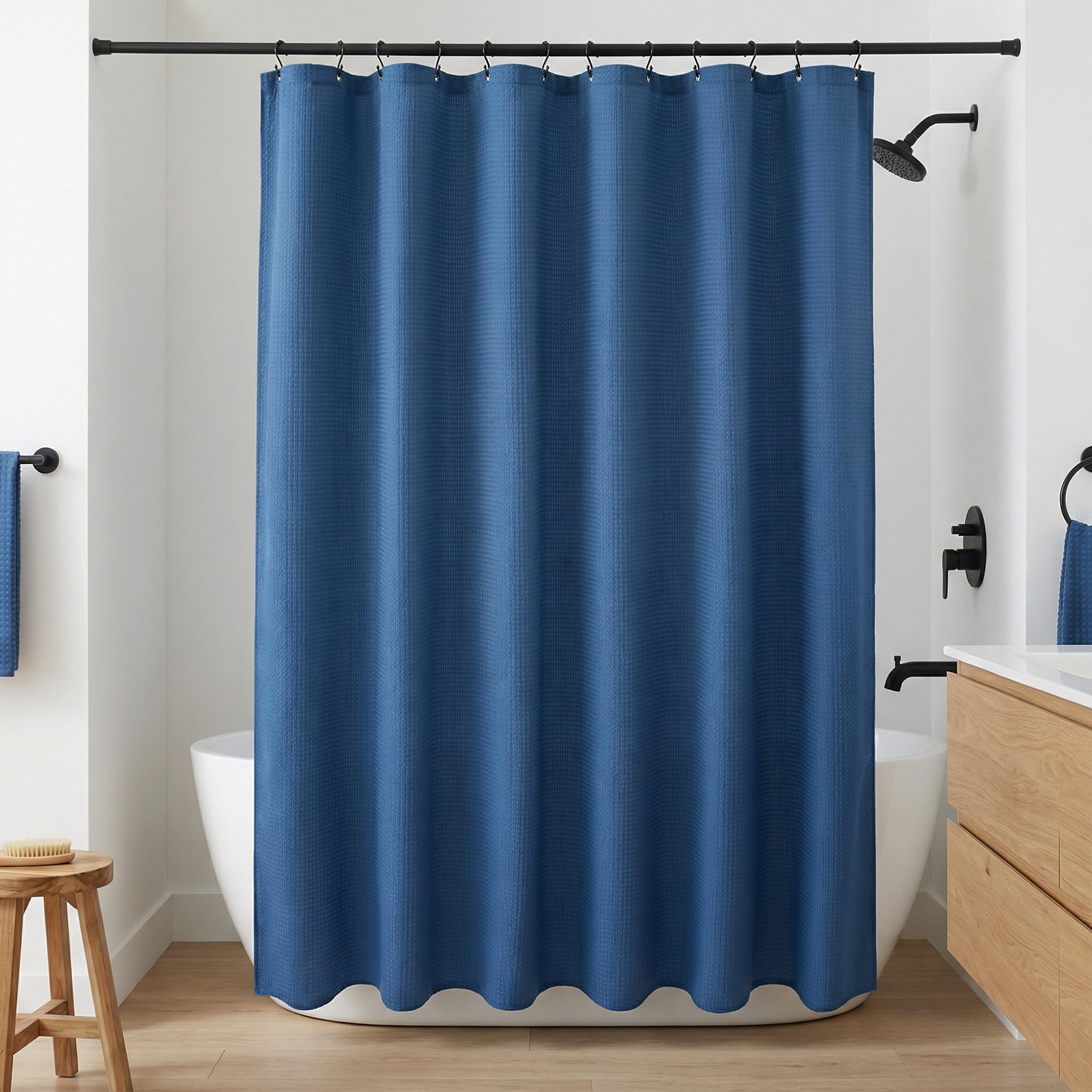 Unique Bargains Modern Waffle Weave Shower Curtain with 12 Hooks Blue 71"W x 71"L