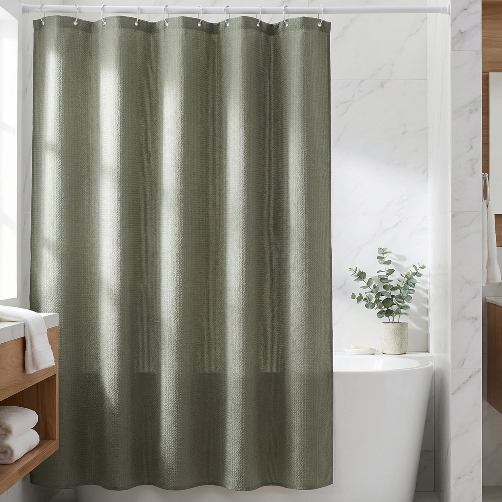 Unique Bargains Modern Waffle Weave Shower Curtain with 12 Hooks Green 71"W x 71"L