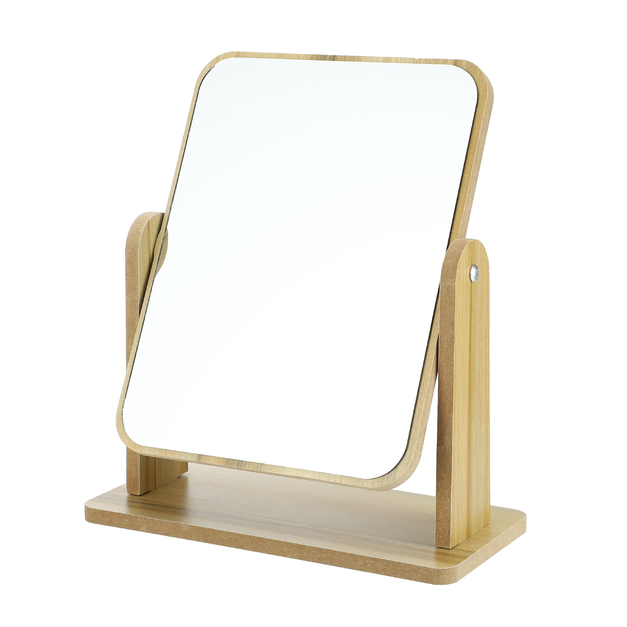 Unique Bargains Wooden Makeup Mirror 360 Rotating Desk Stand Beige 8.07"x3.94"x9.84"
