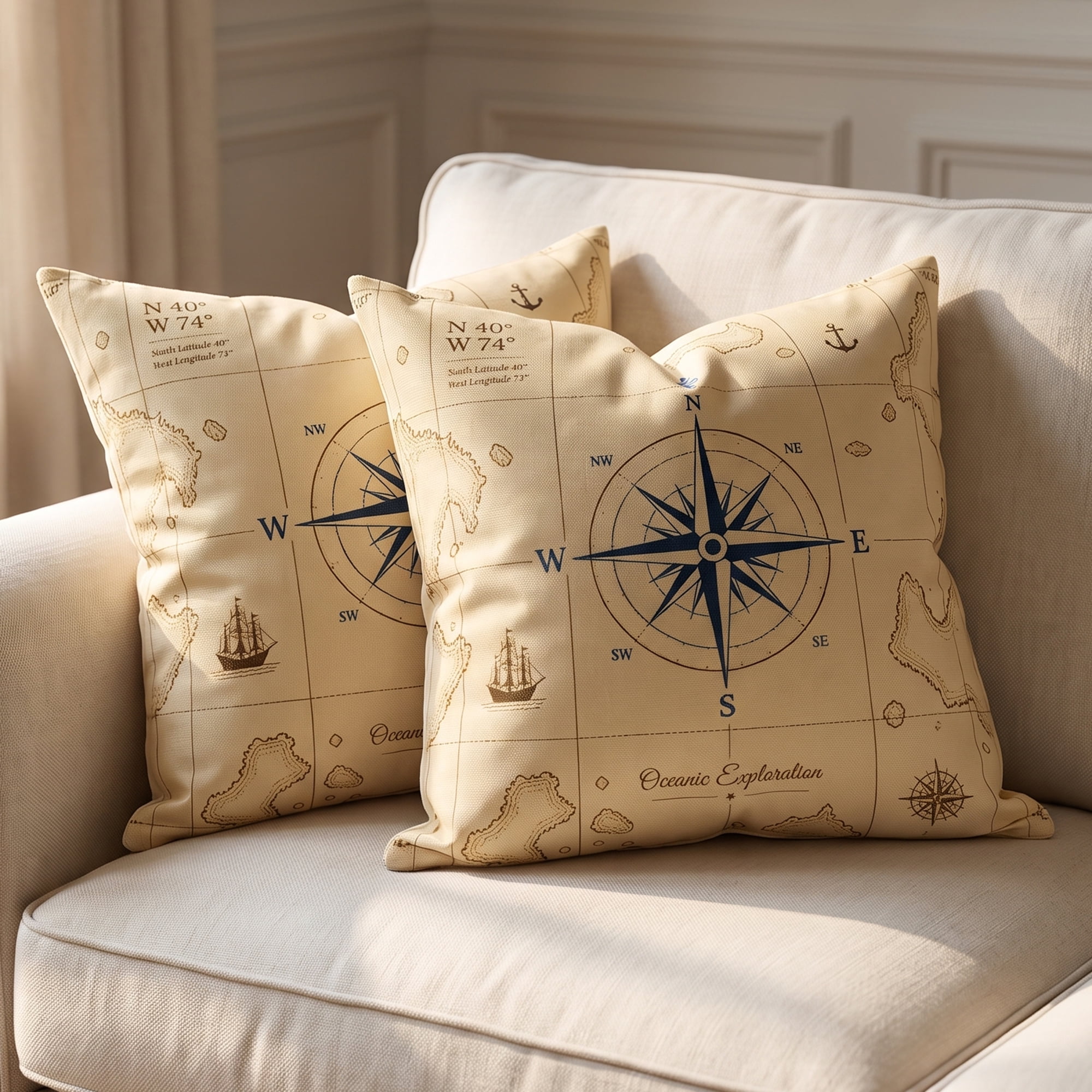 Unique Bargains Nautical Decorative Throw Pillow Covers Vintage Coastal Cushion Case Khaki Compass 18"x18"