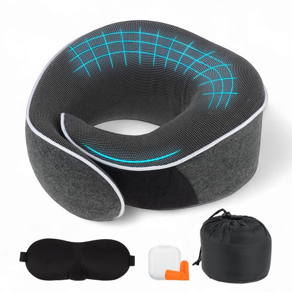 Unique Bargains Neck Pillow for Airplane Travel Ergonomic Memory Foam Support for Long Flights with Eye Mask & Earplugs Home & Office Nap Gifts for Frequent Flyer Deep Gray