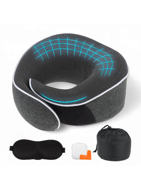 Neck Pillow for Airplane Travel Ergonomic Memory Foam Support for Long Flights with Eye Mask & Earplugs Home & Office Nap Gifts for Frequent Flyer Deep Gray