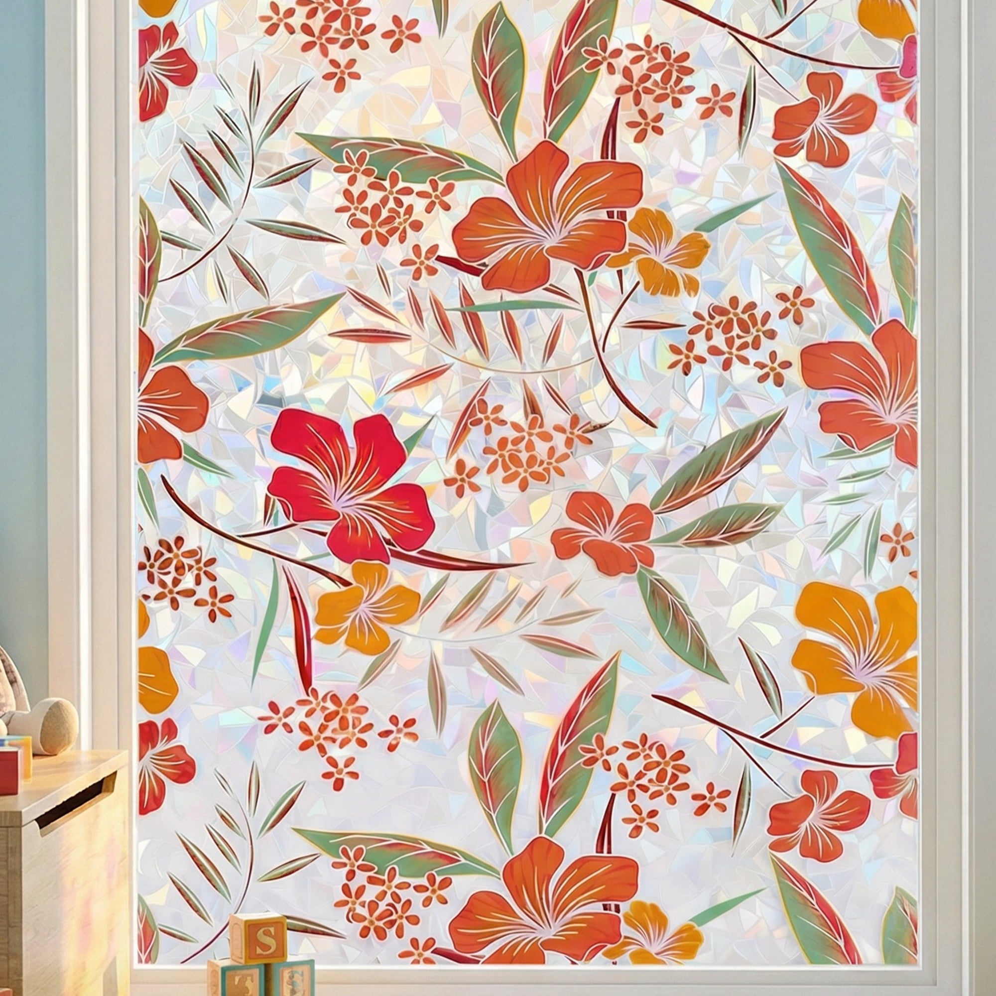 Unique Bargains No Glue Static Cling Flowers Window Film Pink Orange 39.4" x 17.7"