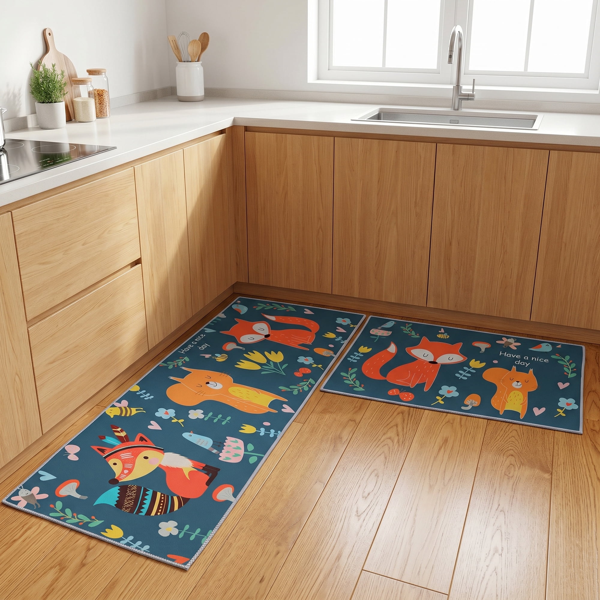 Unique Bargains Non Slip Cat Floral Printed Kitchen Rugs and Mat Dark Blue 24"x16"+47"x16"