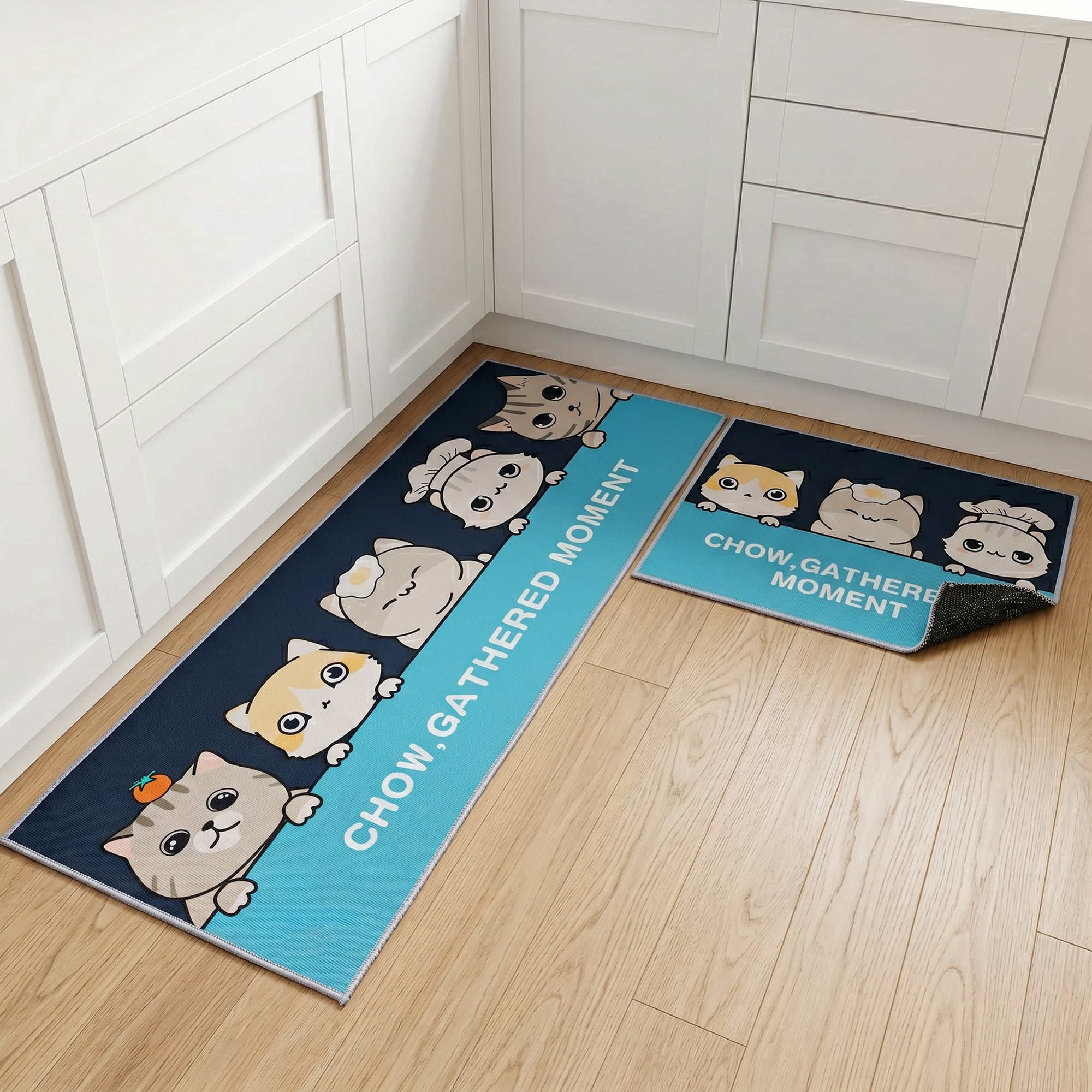 Unique Bargains Non Slip Cat Floral Printed Kitchen Rugs and Mat Dark Blue 31"x20"+47"x20"