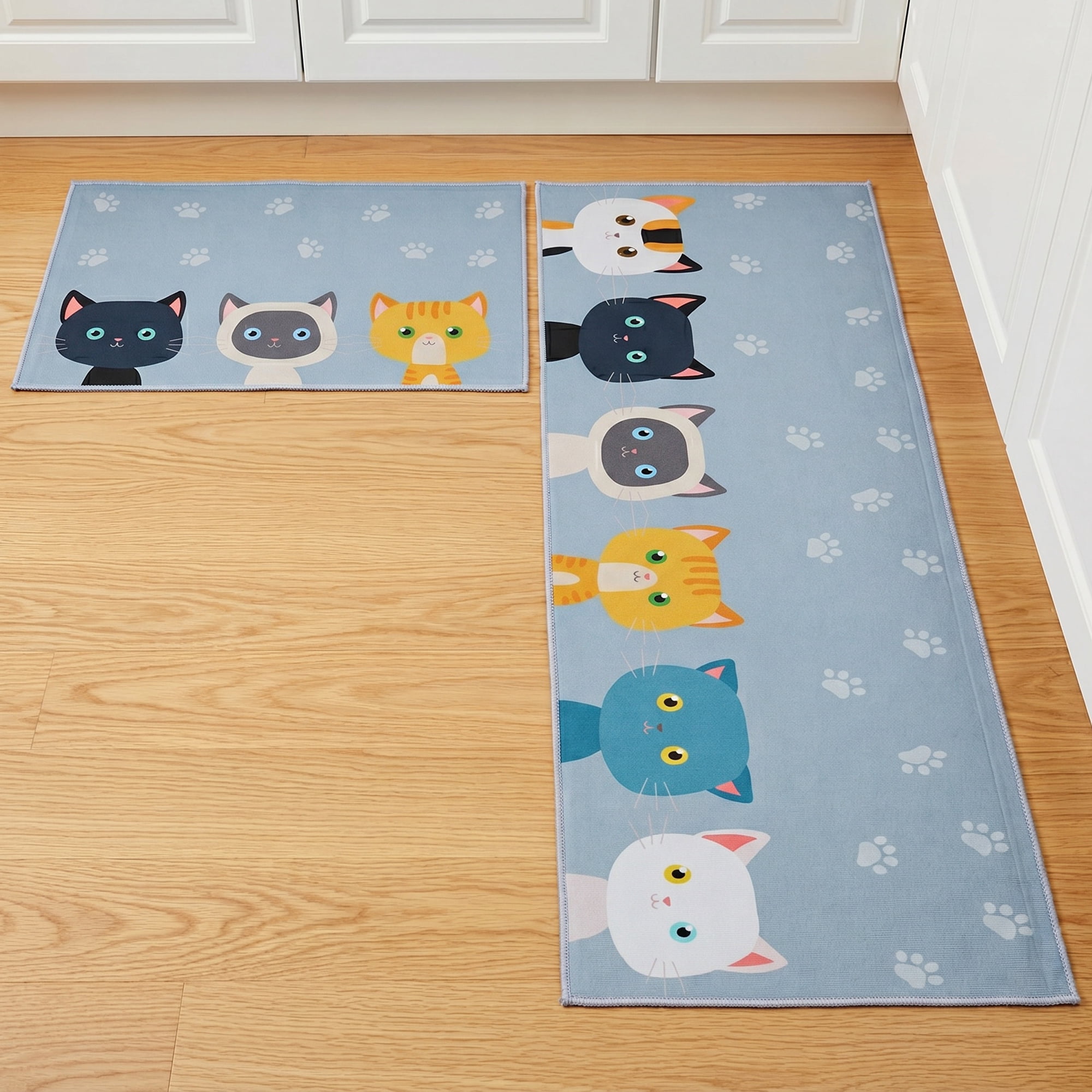 Unique Bargains Non Slip Cat Floral Printed Kitchen Rugs and Mats Blue 31"x20"+47"x20"