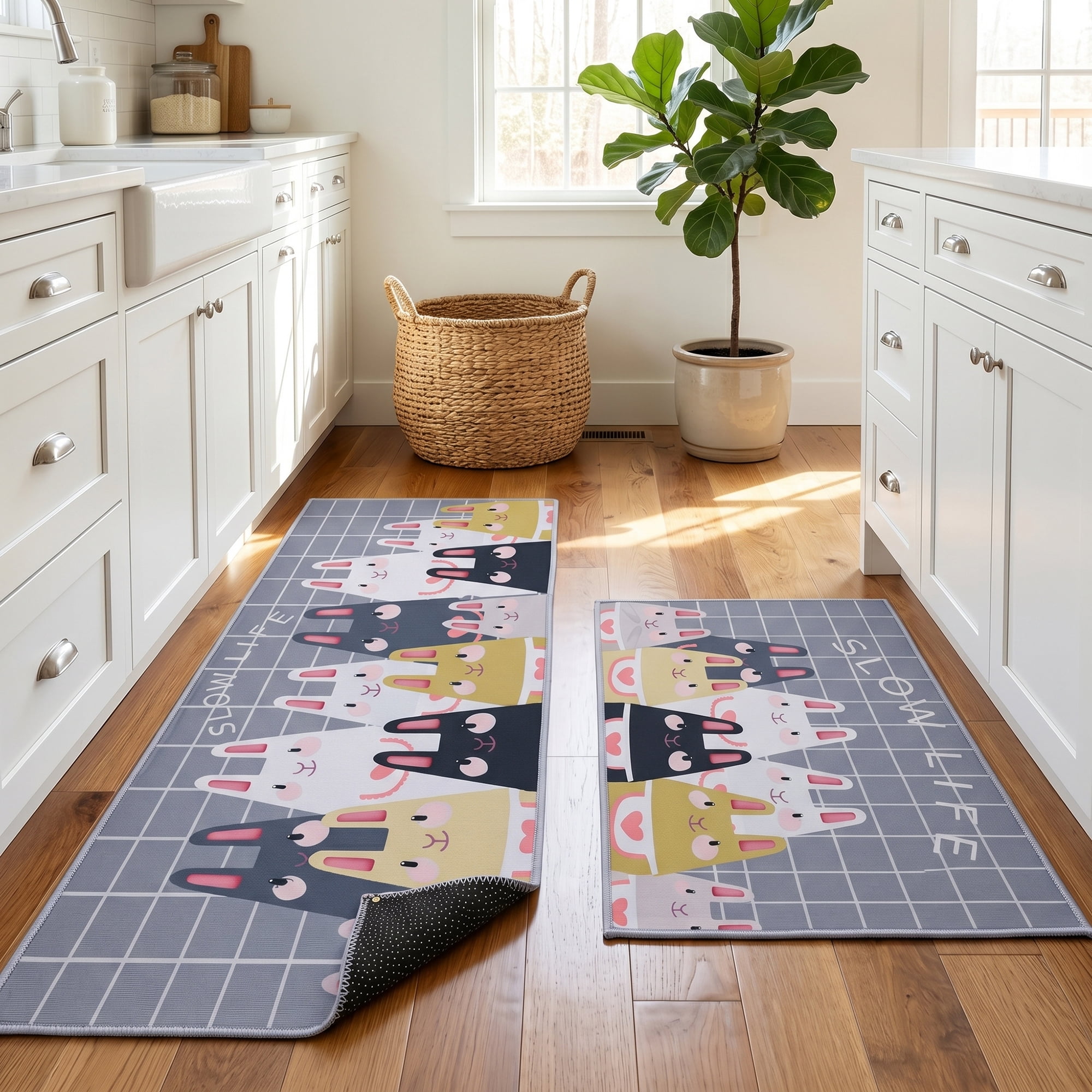 Unique Bargains Non Slip Cat Floral Printed Kitchen Rugs and Mats Gray 31"x20"+47"x20"