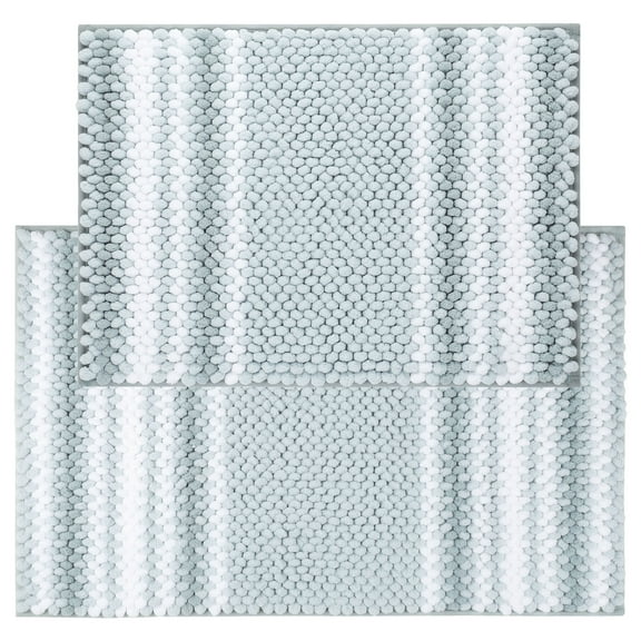 Unique Bargains Chenille Bathroom Rug Set of 2 Soft Fluffy Striped Bath Mat Light Cyan 17x24" & 20x32"