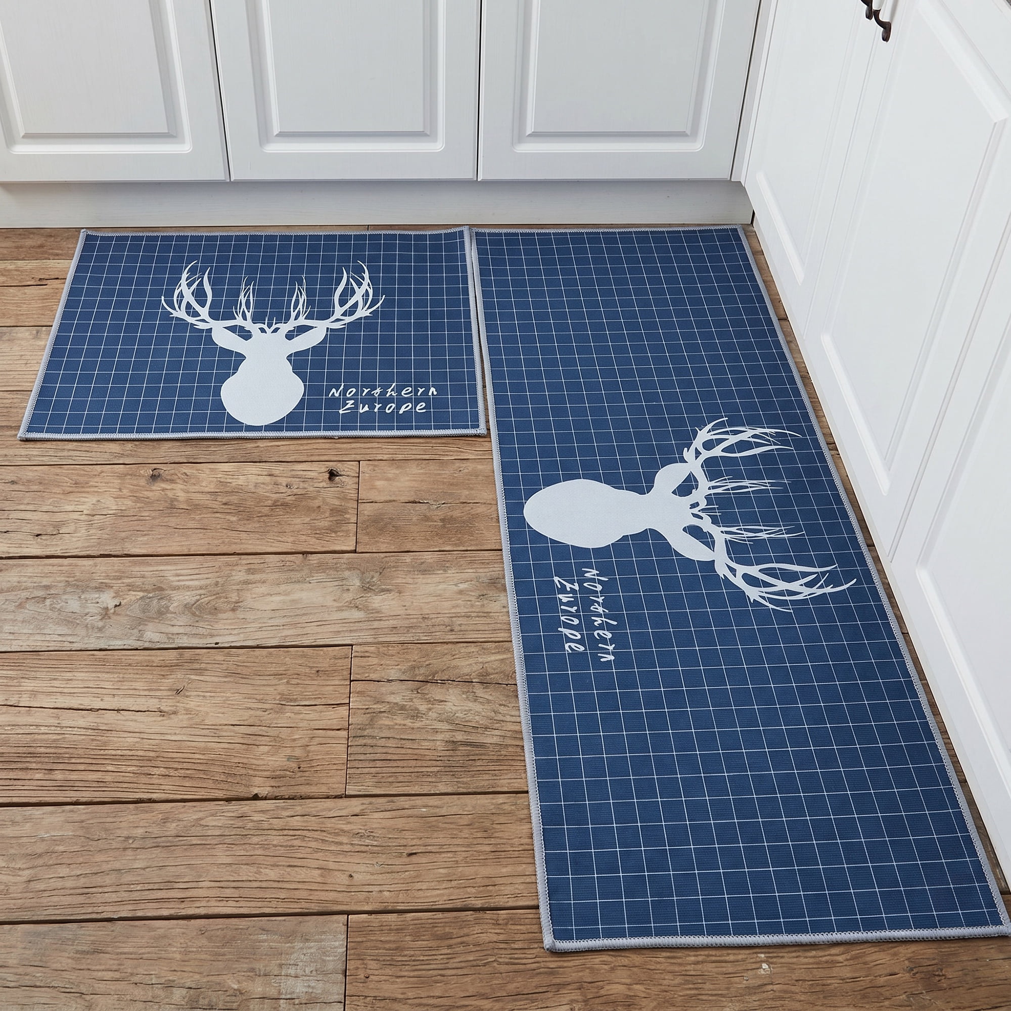 Unique Bargains Non Slip Deer Floral Printed Kitchen Rugs and Mats Blue 24"x16"+47"x16"