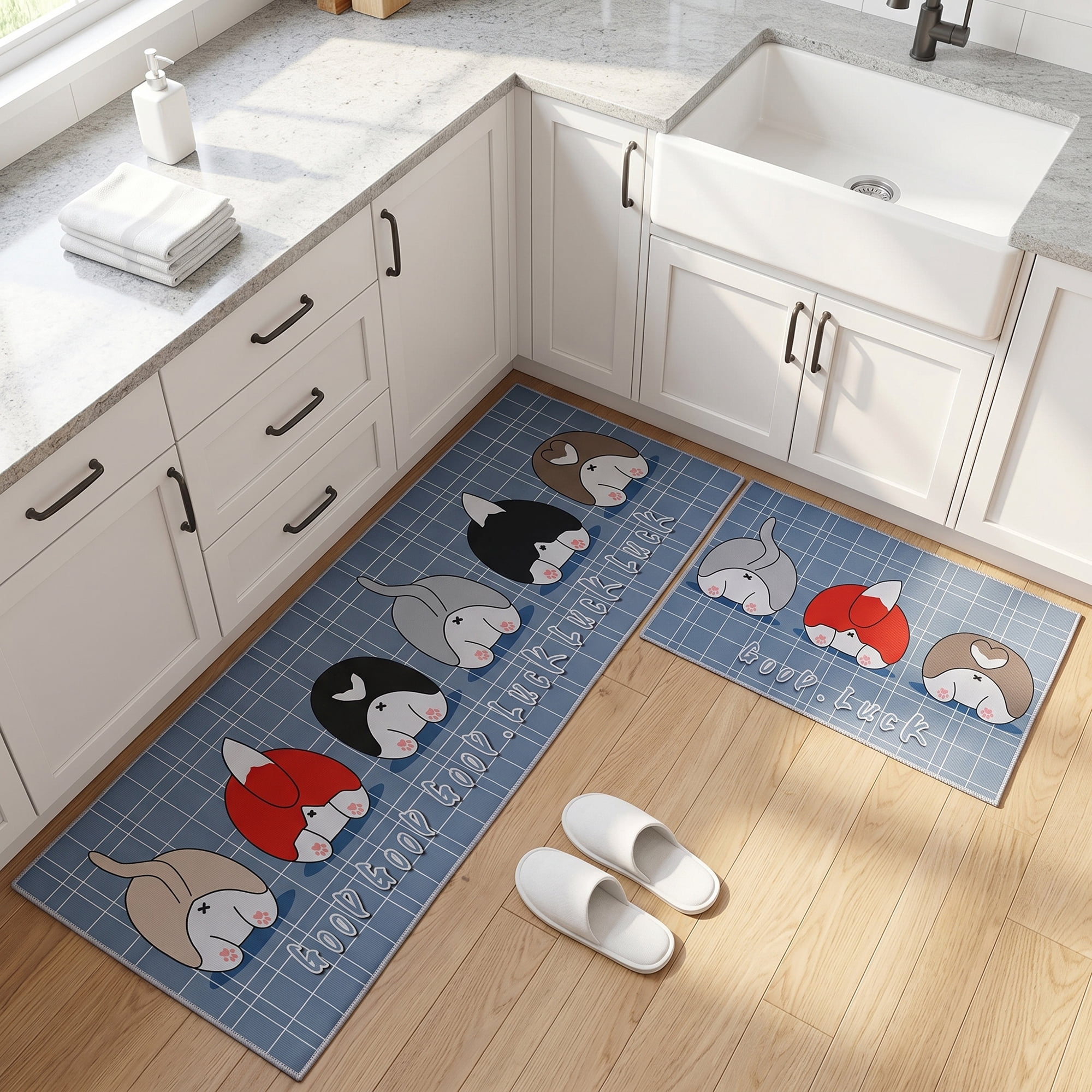 Unique Bargains Non Slip Dog Butt Floral Printed Kitchen Rugs and Mat Gray 24"x16"+47"x16"