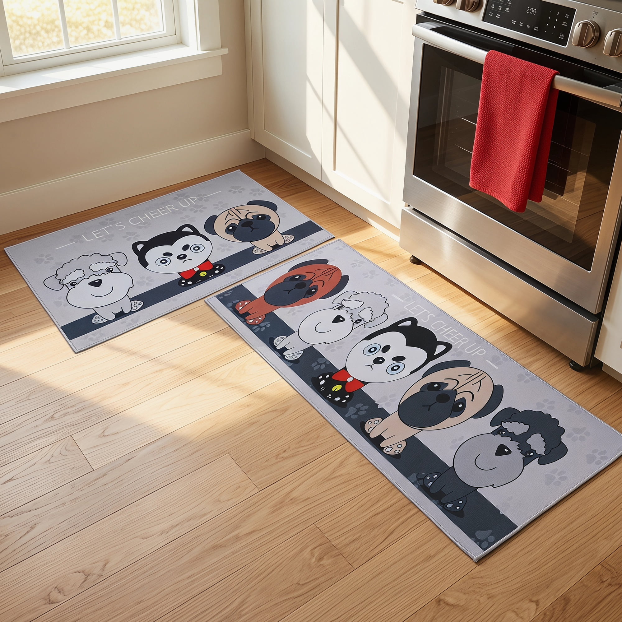 Unique Bargains Non Slip Dog Floral Printed Kitchen Rugs and Mats Gray 24"x16"+47"x16"