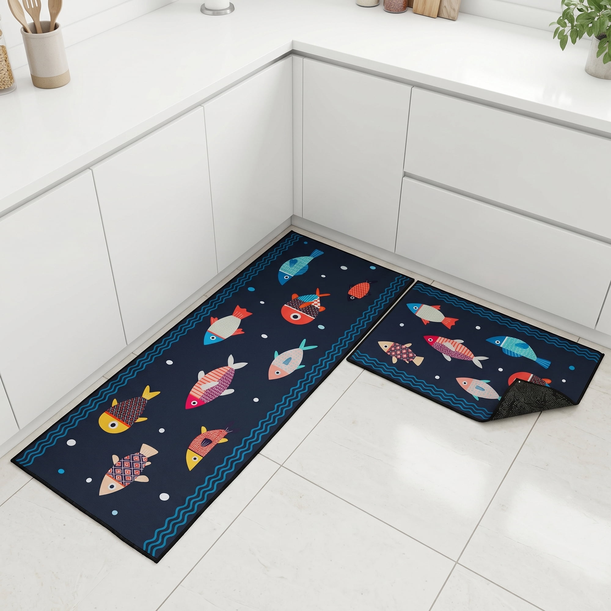 Unique Bargains Non Slip Fish Floral Printed Kitchen Rugs and Mats Black 31"x20"+47"x20"