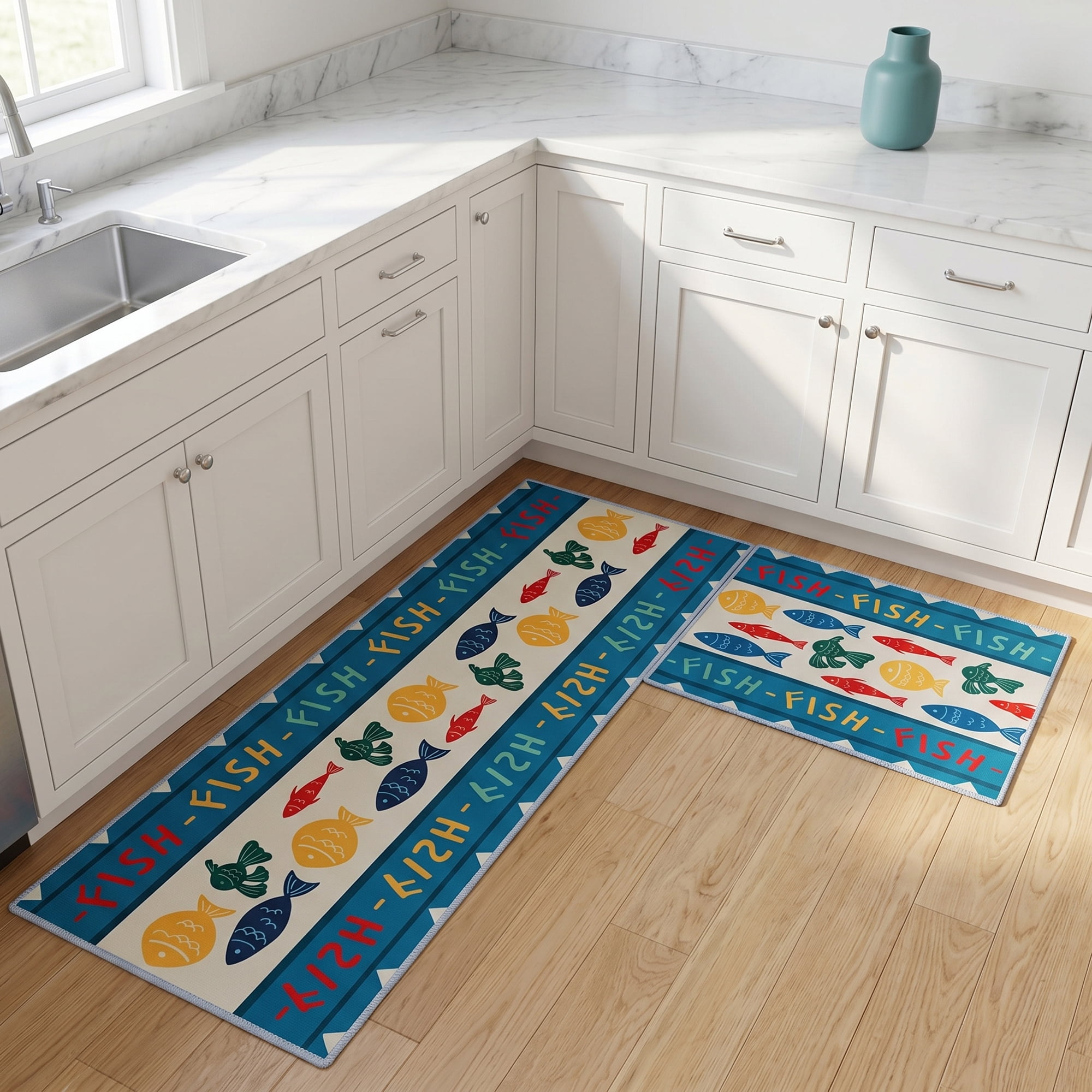 Unique Bargains Non Slip Fish Floral Printed Kitchen Rugs and Mats Blue 24"x16"+47"x16"