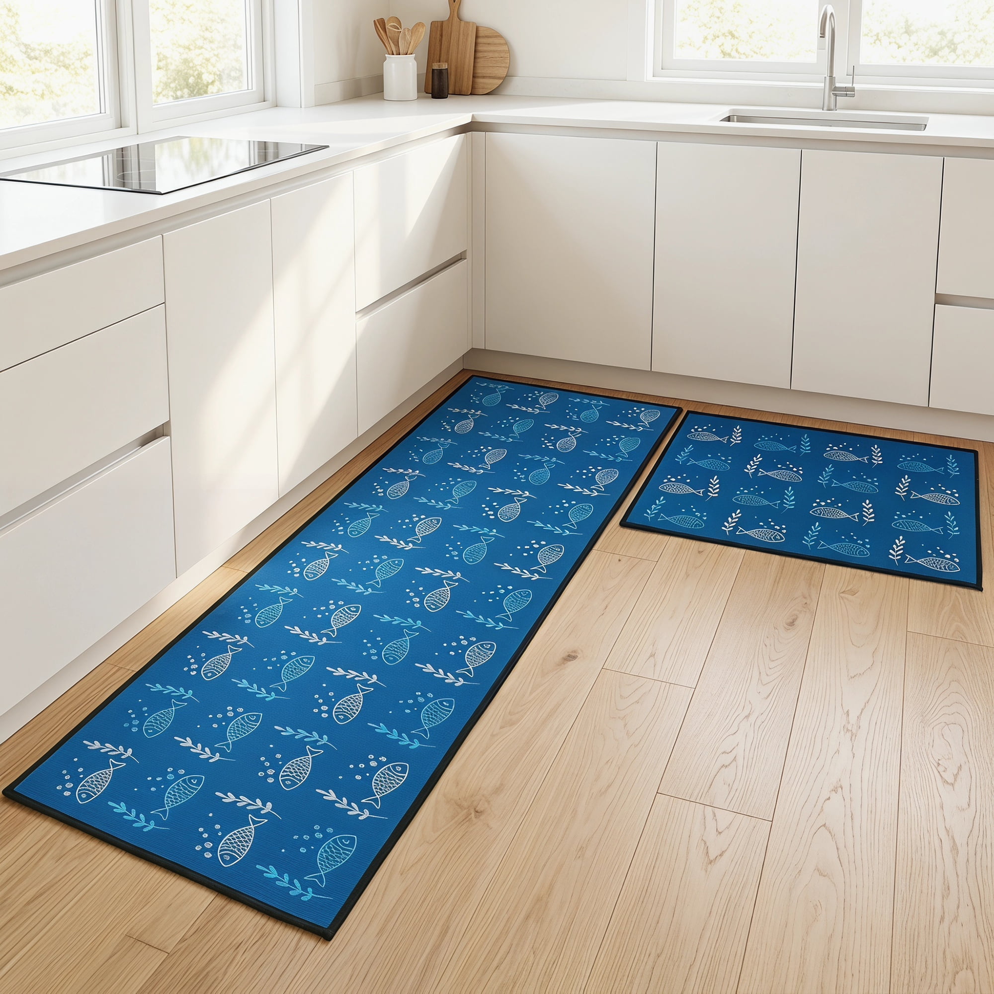 Unique Bargains Non Slip Fish Floral Printed Kitchen Rugs and Mats Blue 31"x19"+47"x19"