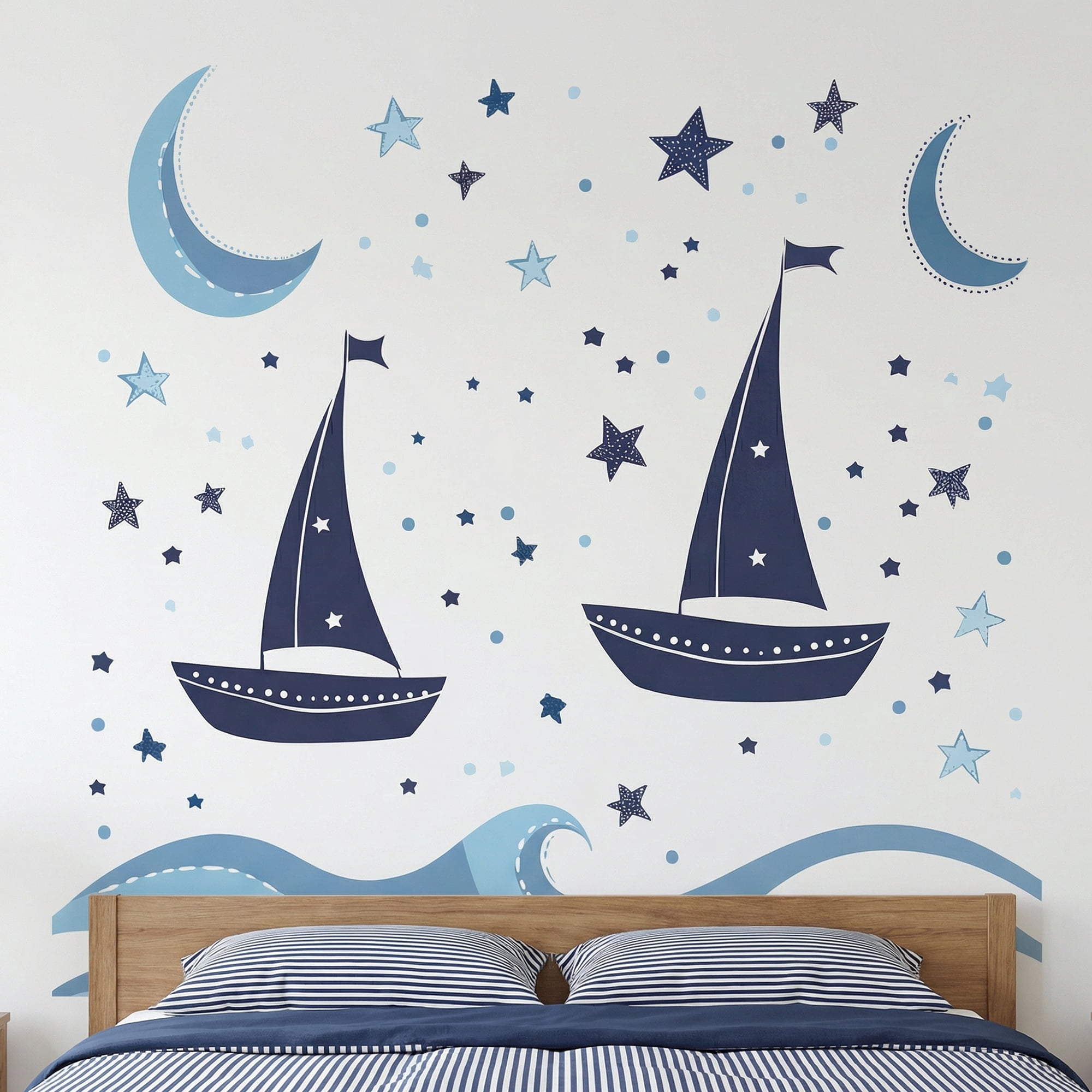 Unique Bargains Nursery Wall Stickers with Waves and Sailboats Peel Blue 23.2" x 15.7"