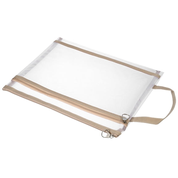 Unique Bargains Nylon Document Zip Pouch with Handle Mesh Clear Files Bag Khaki1 Pcs