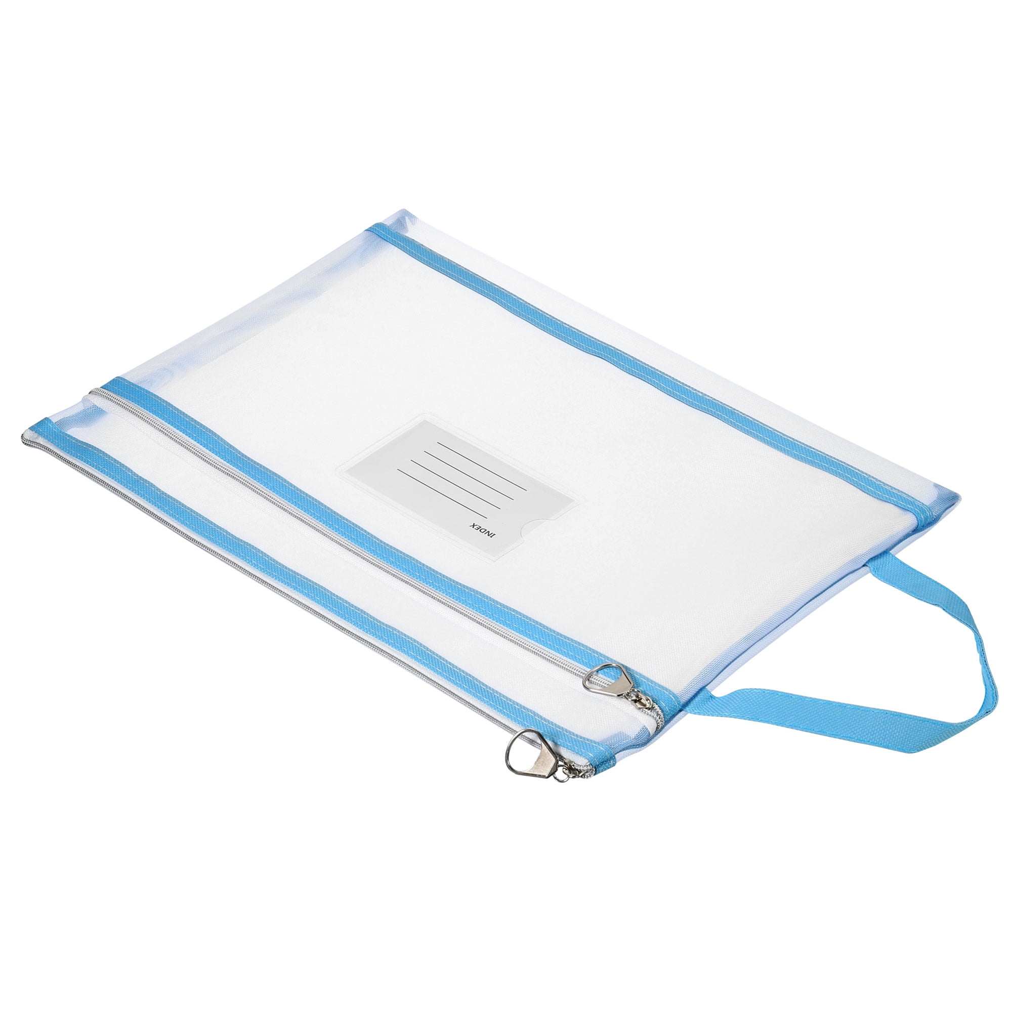 Unique Bargains Nylon Mesh Zip Files Handle Bag with Name Tag Light Blue