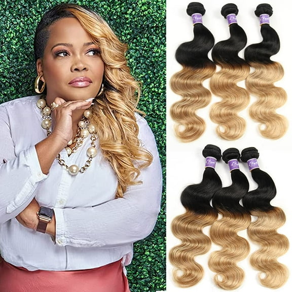Unique Bargains Ombre Two Tone #1B/27 Color Brazilian 3 Bundles 100% Human Hair 10"12"14"inch