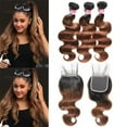 thumbnail image 1 of Unique Bargains Ombre Two Tone#1B/30 Color Black Auburn Brazilian 3 Bundles 100% Human Hair 10"12"14"inch with Lace Closure 10", 1 of 6